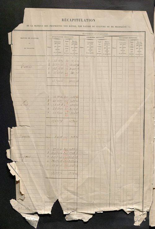 Matrice des propriétés non bâties : tableau présentant les augmentations et les diminutions survenues dans la matière imposable ; récapitulation ; table alphabétique des propriétaires.