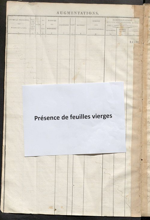 Registre présentant les augmentations et les diminutions survenues dans les contenances et les revenus portés sur les matrices cadastrales, 1827-1914 ; récapitulation des contenances et des revenus imposables, 1825 ; matrice des propriétés foncières, fol.
