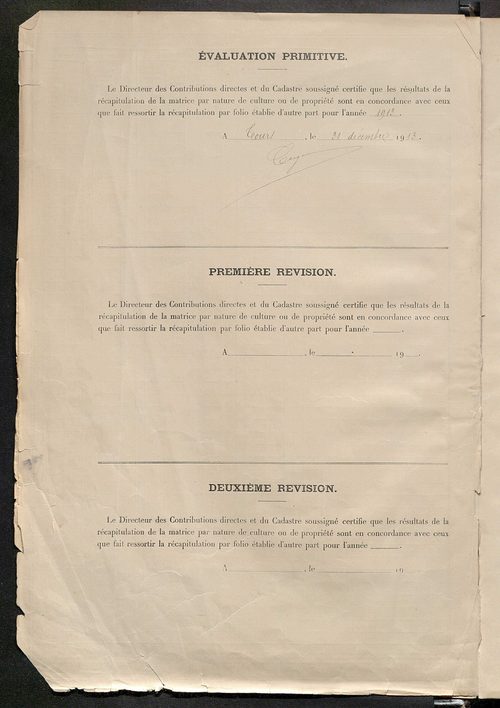 Matrice des propriétés non bâties : tableau présentant les augmentations et les diminutions survenues dans la matière imposable ; récapitulation ; table alphabétique des propriétaires.