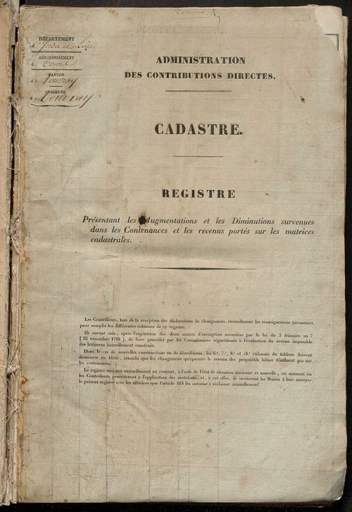 Registre présentant les augmentations et les diminutions survenues dans les contenances et les revenus portés sur les matrices cadastrales, 1827-1914 ; récapitulation des contenances et des revenus imposables, 1825 ; matrice des propriétés foncières, fol.