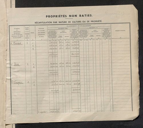 Matrice des propriétés non bâties : tableau présentant les augmentations et les diminutions survenues dans la matière imposable ; récapitulation ; table alphabétique des propriétaires.