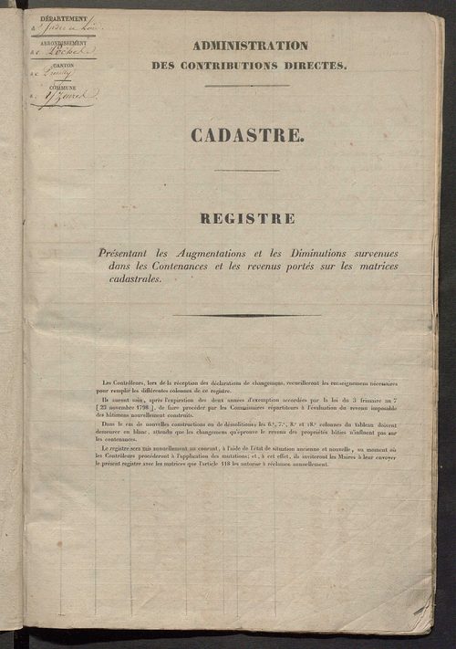 Registre présentant les augmentations et les diminutions survenues dans les contenances et les revenus portés sur les matrices cadastrales, 1831-1904; récapitulation des contenances et des revenus imposables, 1823 ; matrice des propriétés foncières, fol. 