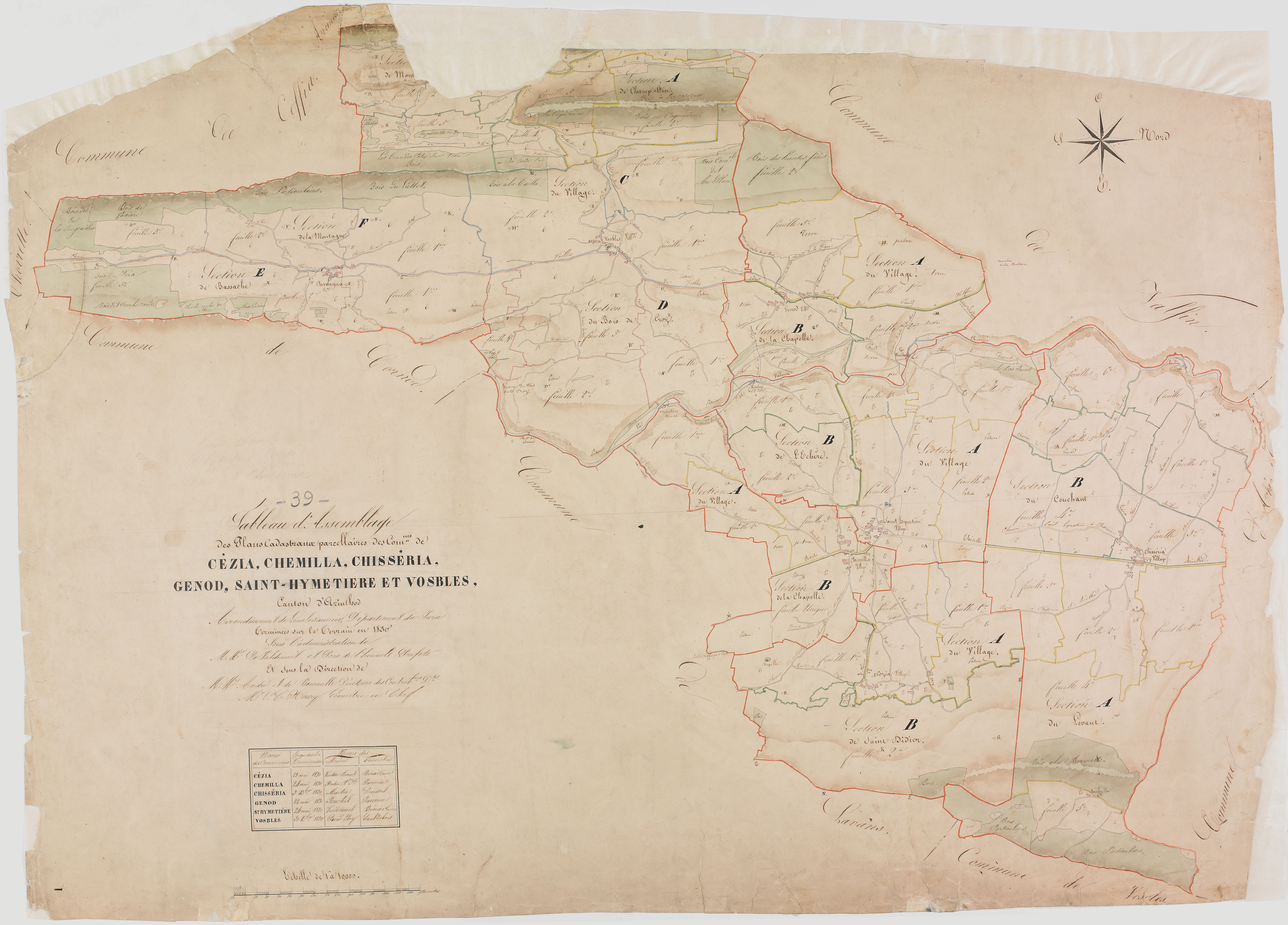 Cézia, Chemilla, Chisséria, Genod, St-Hymetière & Vosbles, tableau d'assemblage. -Tableau d'assemblage des plans cadastraux parcellaires des communes de Cézia, Chemilla, Chisséria, Genod, Saint-Hymetière et Vosbles, canton d'Arinthod, terminés sur le terr