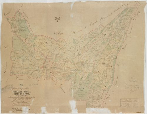 Tableau d'assemblage des communes de Cousance, Cuisia, Gizia et Rozay ; géomètre : Bénier, Duchesne, Billet et Jannin, Olivier aîné ; échelle : 1/10000 ; dimension : 81 X 103 cm.