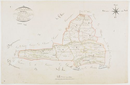 Bourcia, tableau d'assemblage.Tableau d'assemblage de Bourcia après qu'aient été rattachées à cette commune, le 30 janvier 1822, les villages de Civria et Dancia,géomètre : Parent