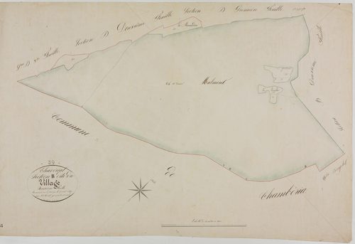 Chavéria, section B, le Village, feuille 4. géomètre : J. J. Vermot ; échelle : 1/2500 ; dimension : 67 X 100,5 cm.