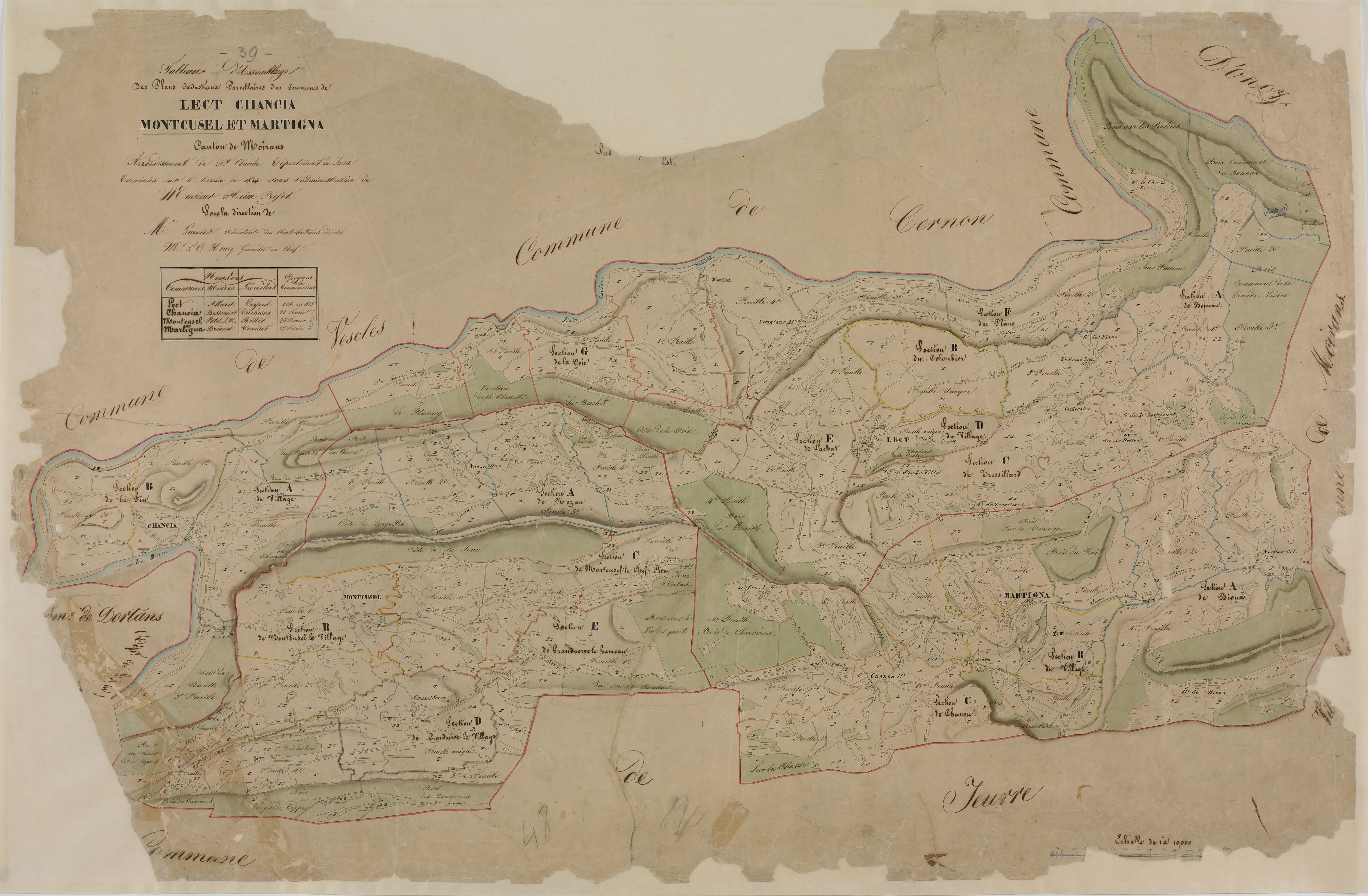 Chancia, Lect, Montcusel et Martigna, tableau d'assemblage. -Tableau d'assemblage des plans cadastraux parcellaires des communes de Lect, Chancia, Montcusel et Martigna, canton de Moirans, terminées sur le terrain en 1834. d- Lect : 01/03/1835.- Chancia :