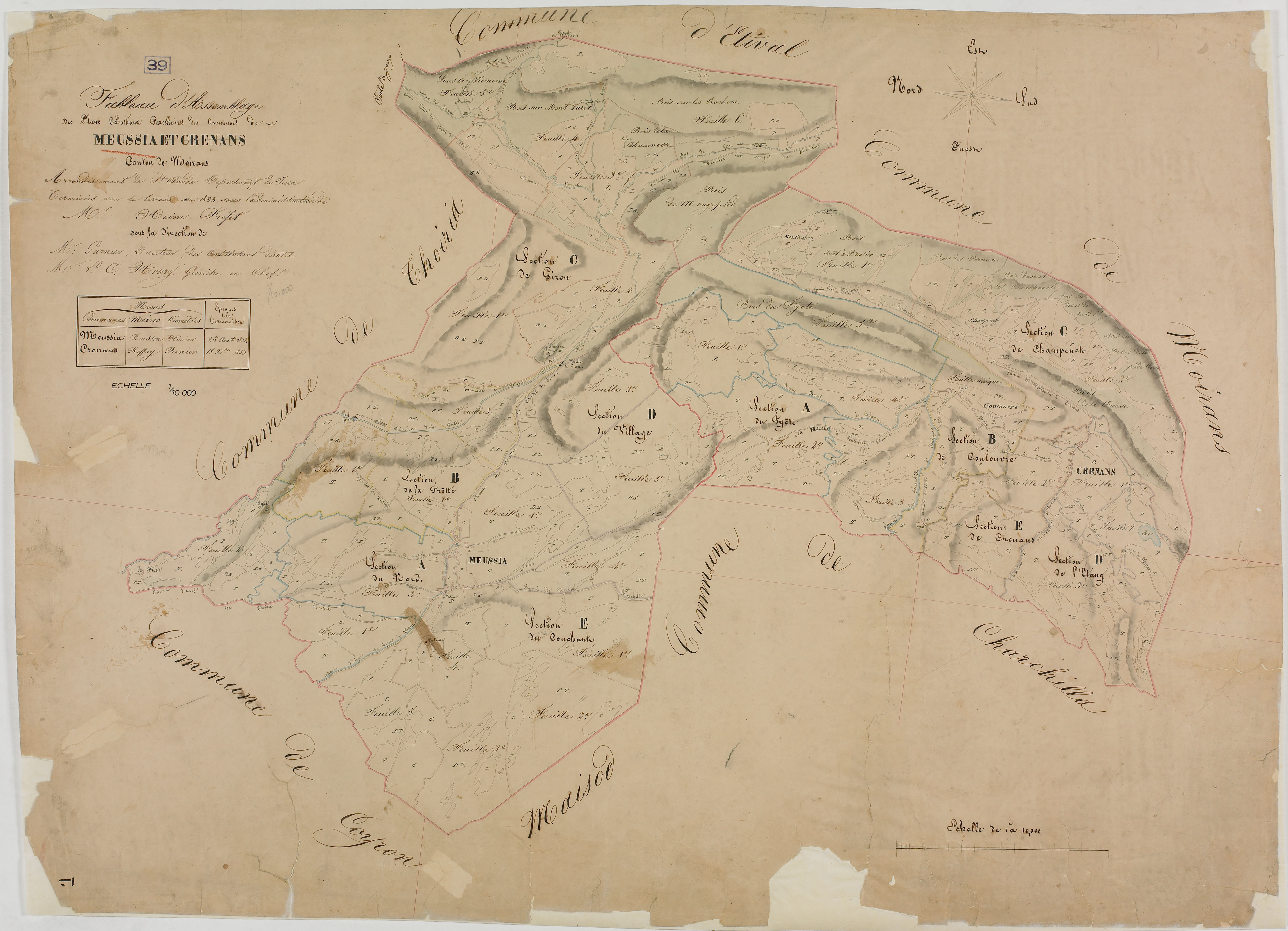 Meussia et Crenans, tableau d'assemblage. -Tableau d'assemblage des plans cadastraux parcellaires des communes de Meussia et Crenans, canton de Moirans, terminés sur le terrain en 1833. - Meussia : 25 août 1833.- Crenans : 18 X bre 1833.Date : 1833 ; géom