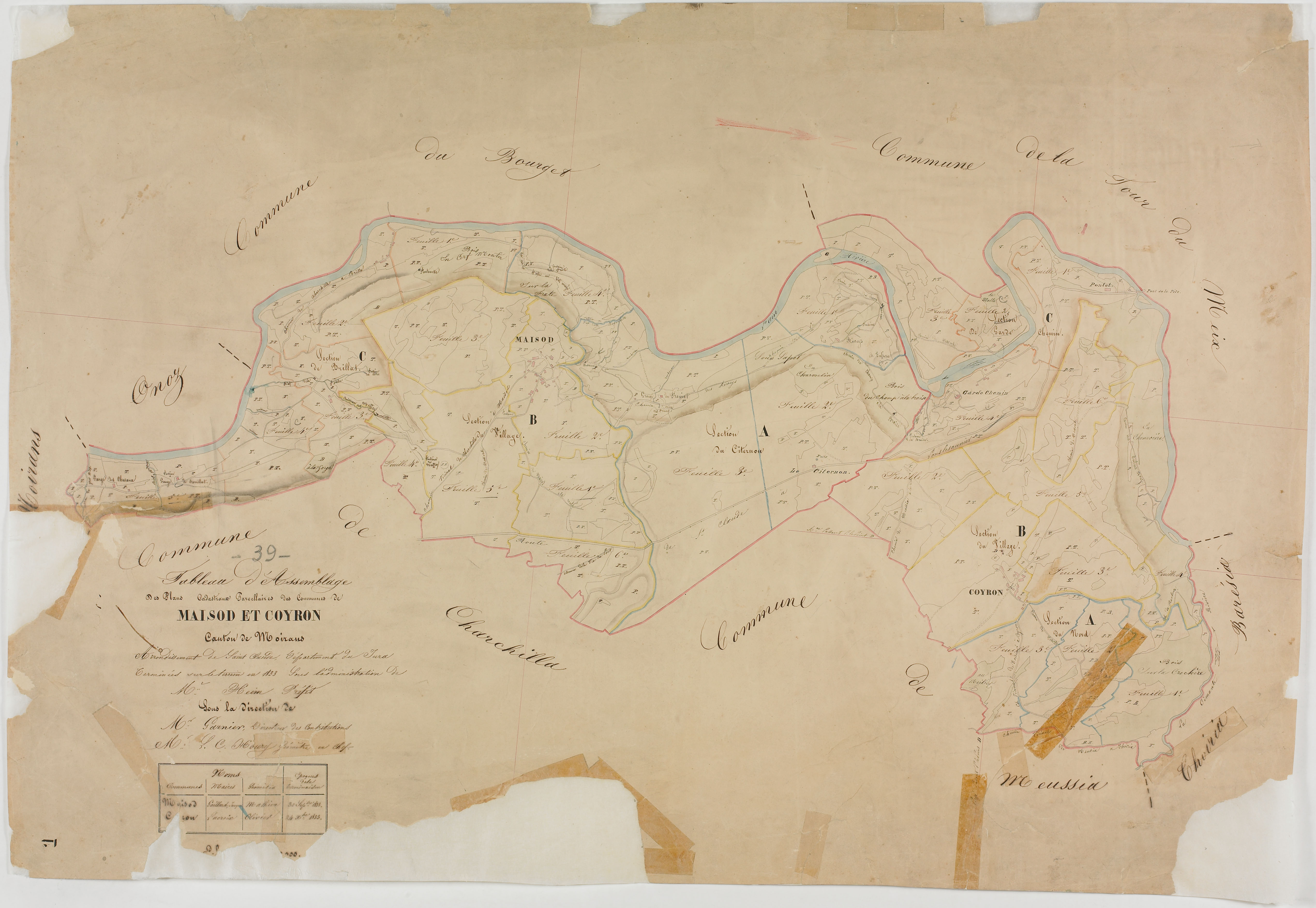 Maisod et Coyron, tableau d'assemblage. -Tableau d'assemblage des plans cadastraux parcellaires des communes de Maisod et Coyron, canton de Moirans, terminées sur le terrein en 1833. Pour Maisod, terminé le 30/09/1833. Pour Coyron terminé le 24/10/1833.Da