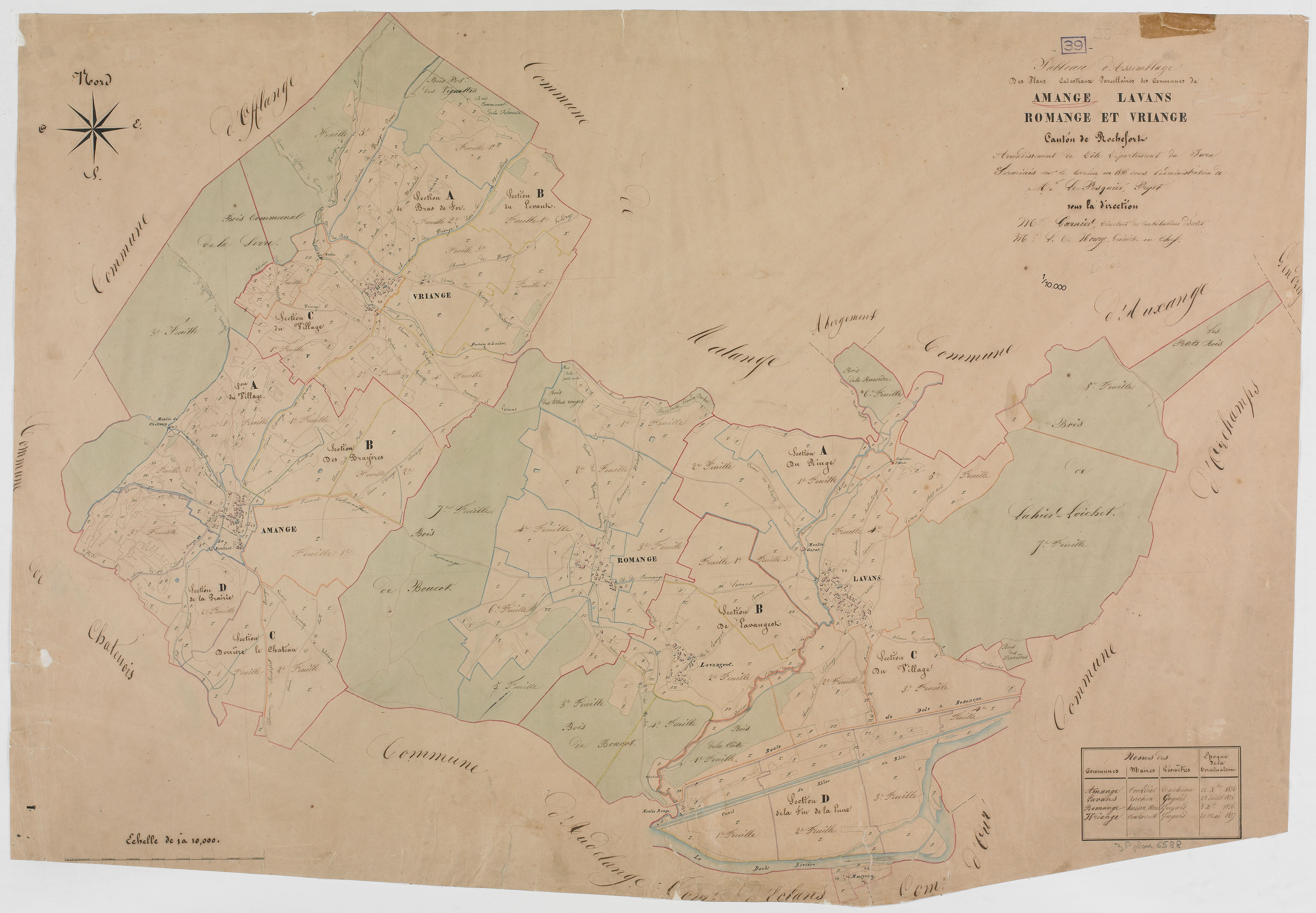 Amange, Lavans, Romange et Vriange, tableau d'assemblage. -Tableau d'assemblage des plans cadastraux parcellaires des communes de Amange, Lavans, Romange et Vriange, canton de Rochefort, terminés sur le terrain en 1836, Pour Amange : 22/12/1836. Pour Lava