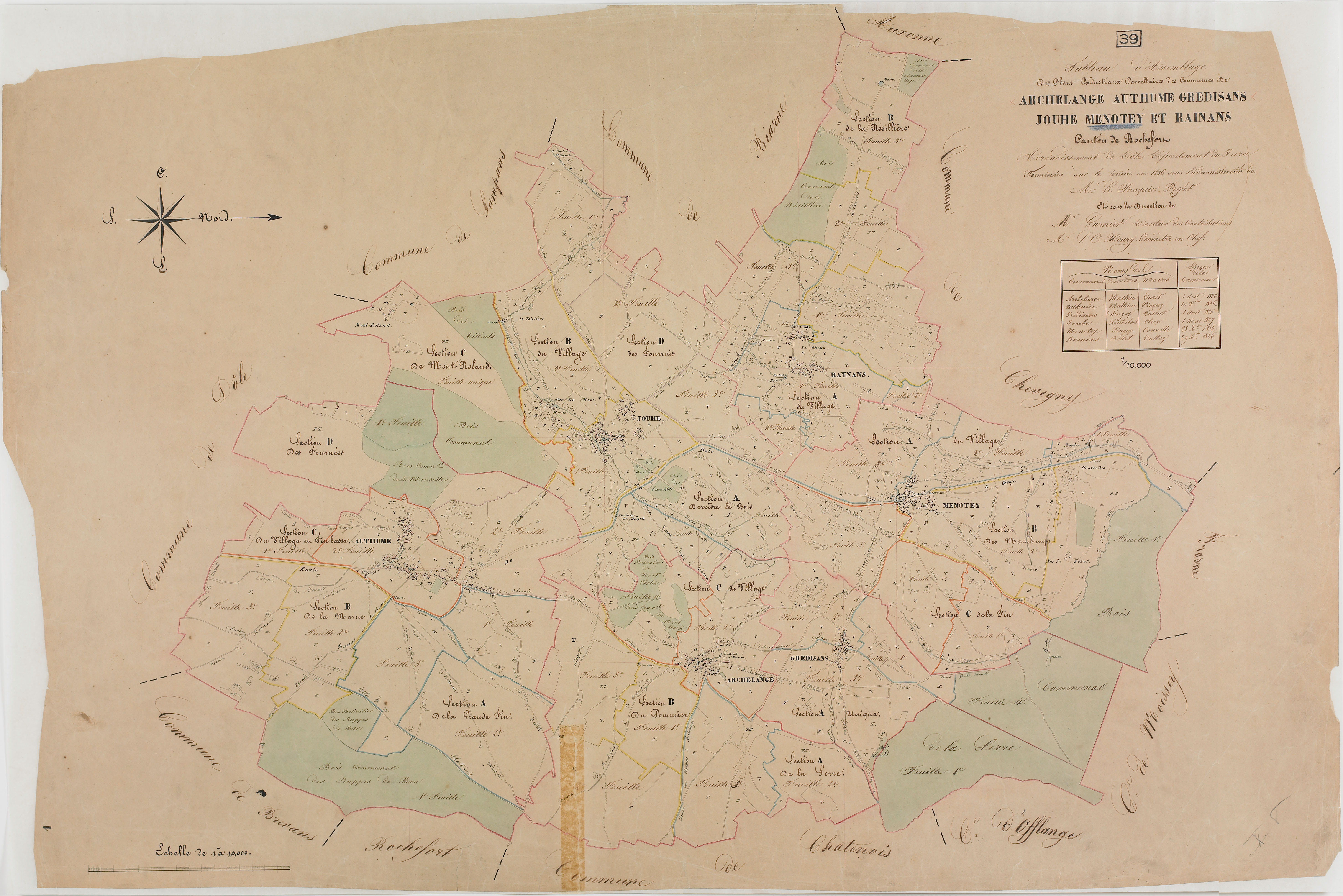 Archelange, Authume, Gredisans, Jouhe, Menotey et Rainans, tableau d'assemblage. -Tableau d'assemblage des plans cadastraux parcellaires des communes de Archelange, Authume, Gredisans, Jouhe, Menotey et Rainans, canton de Rochefort, terminés sur le terrai