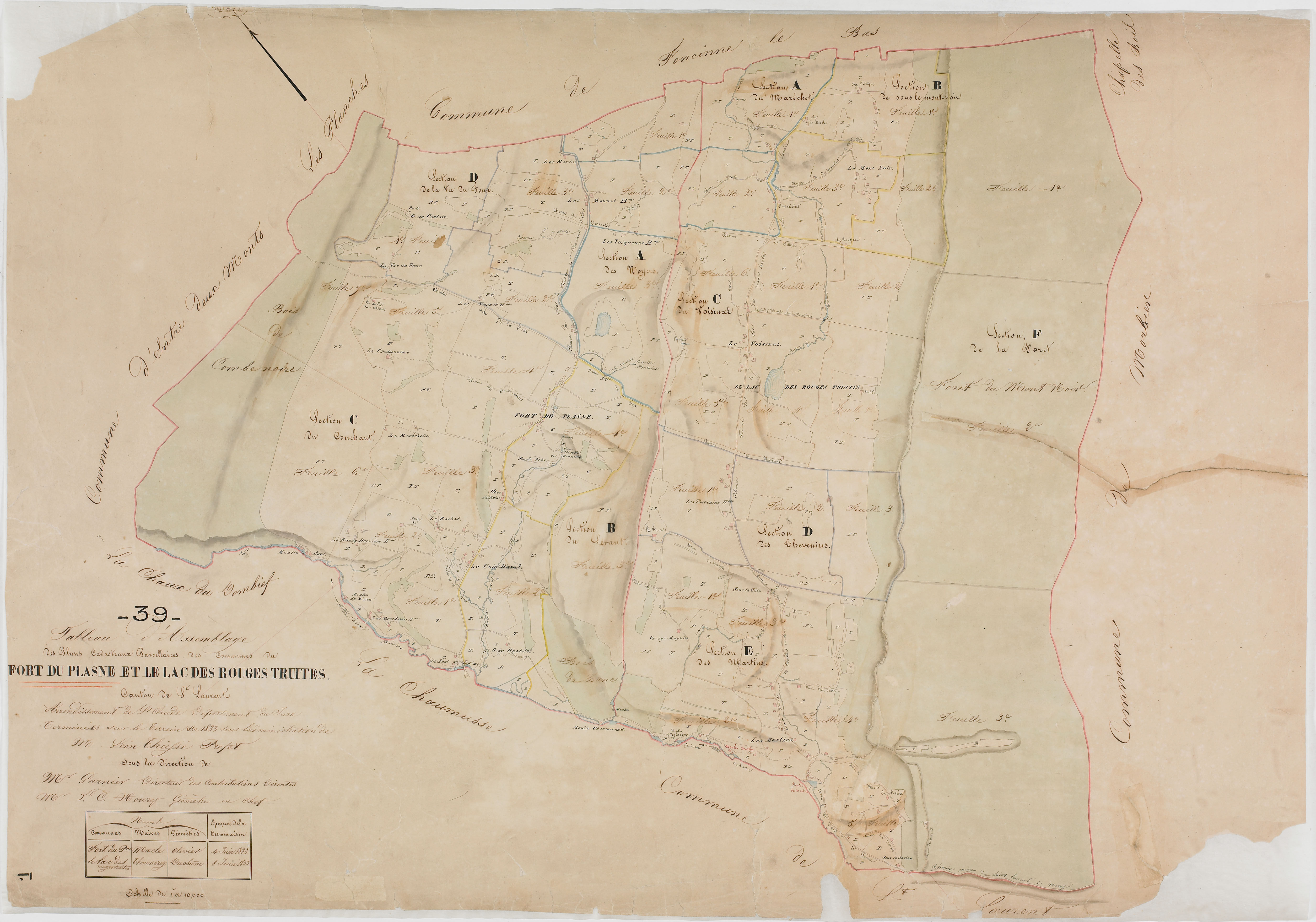 Fort-du-Plasne, Lac-des-Rouges-Truites (Le), tableau d'assemblage. -Tableau d'assemblage des plans cadastraux parcellaires des communes du Fort-de-Plasne et Le Lac des Rouges Truites, canton de Saint-Laurent, terminés sur le terrain en 1833. Pour Fort-de-