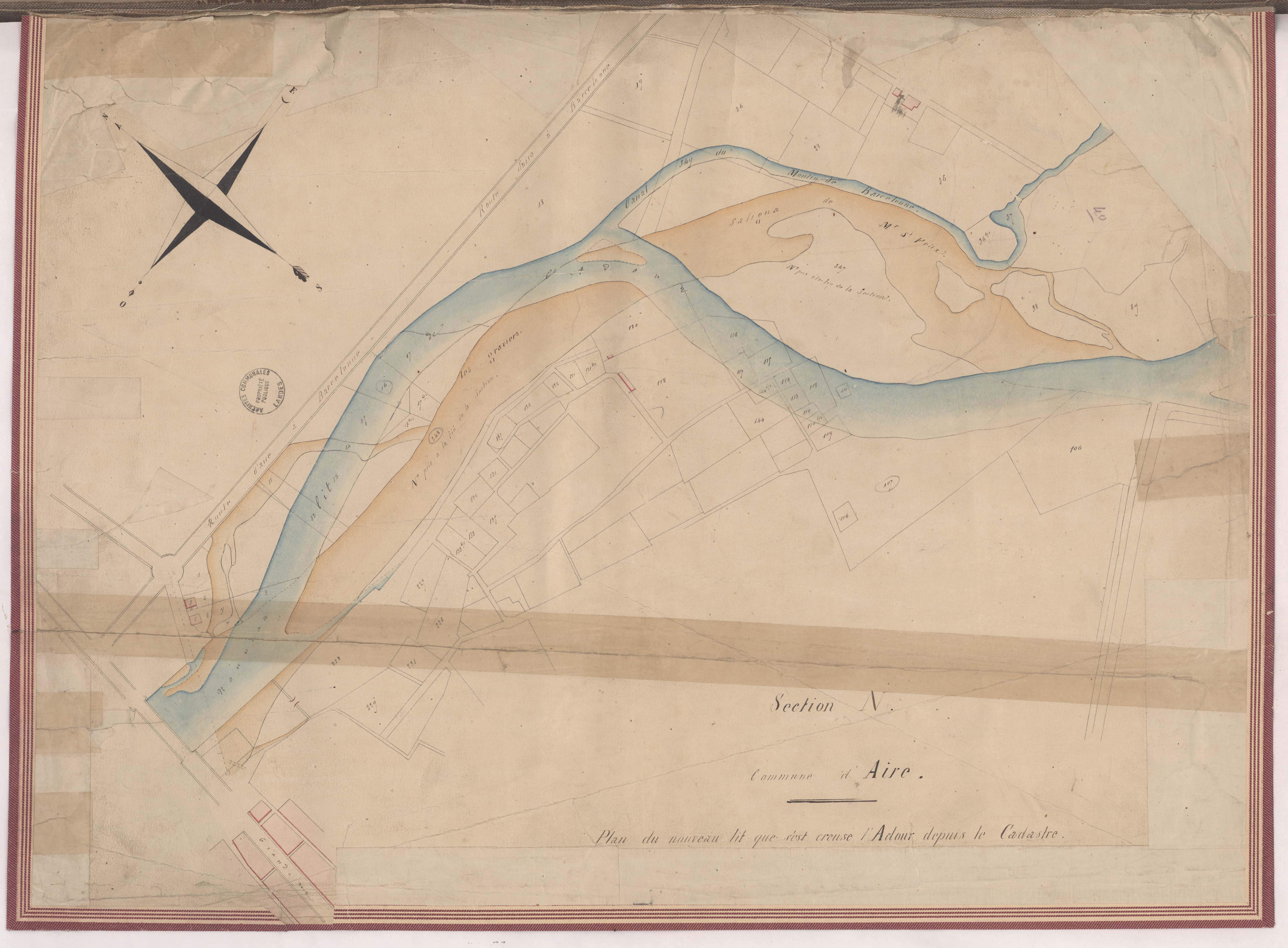 Aire-sur-l'Adour - Section N, plan du nouveau lit que s'est creusé l'Adour depuis le cadastre