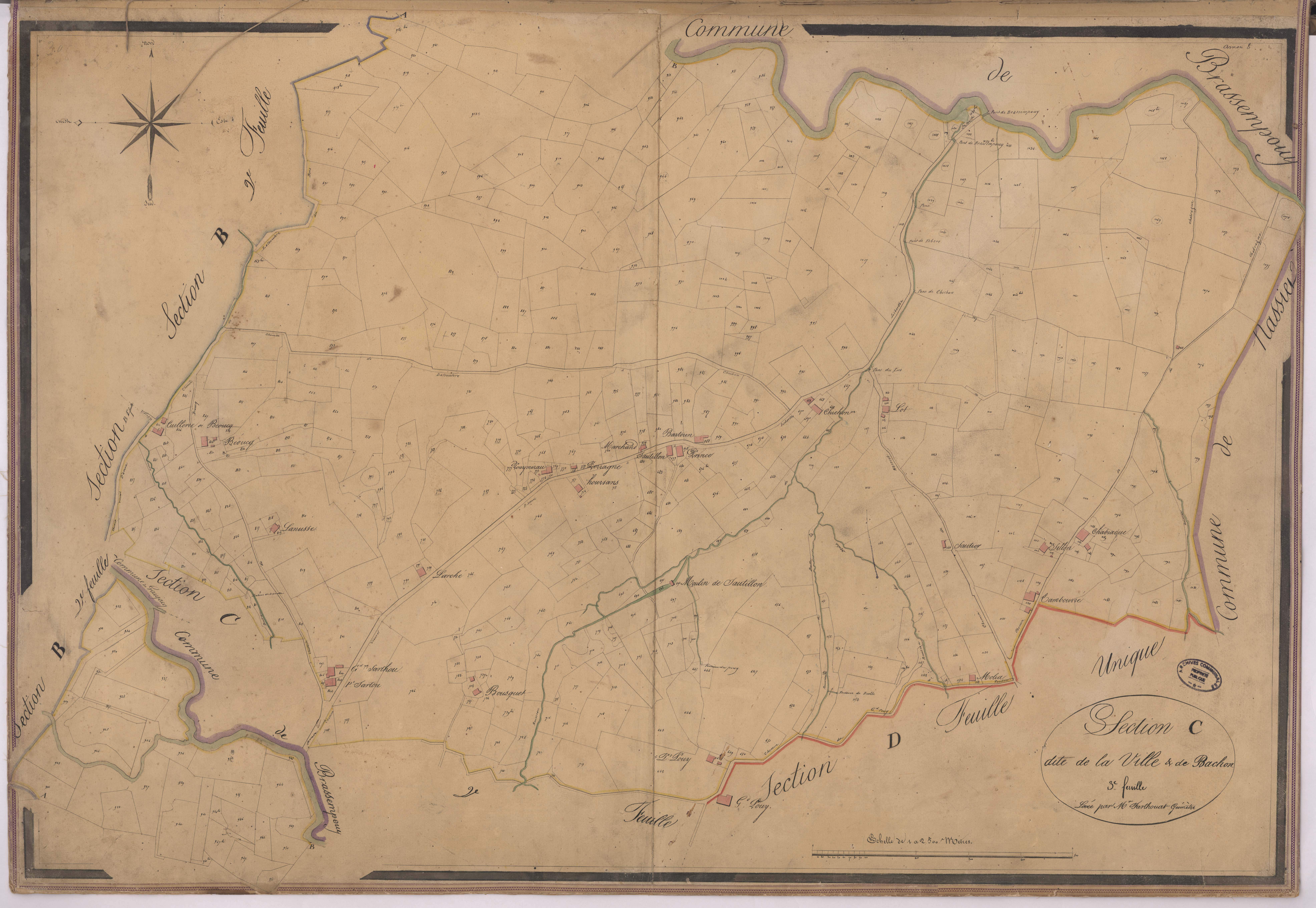 Amou - Section C, dite de la Ville et de Bachon, 3e feuille, par Farthouat géomètre