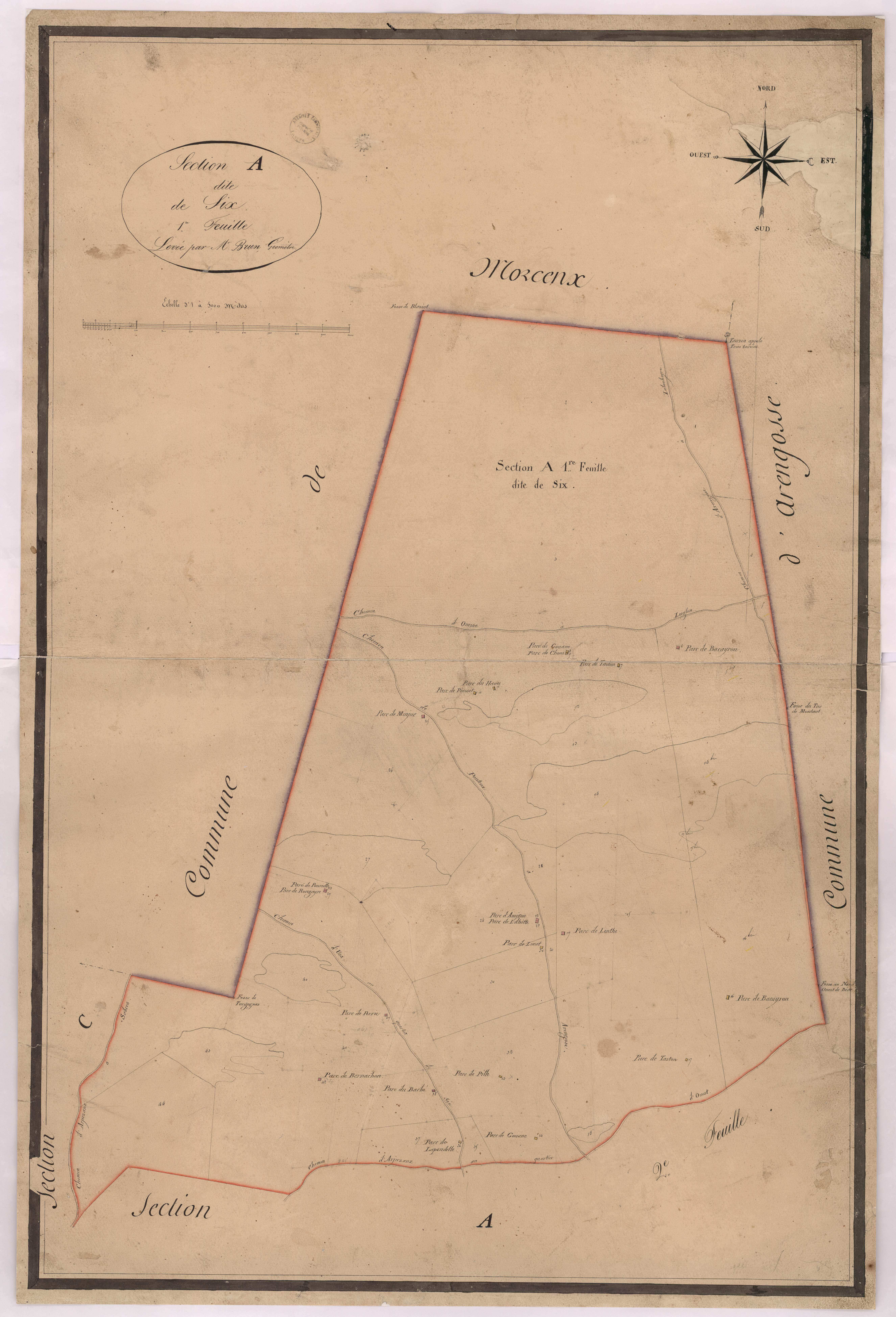 Arjuzanx - Section A, dite de Six, 1re feuille, par Brun géomètre
