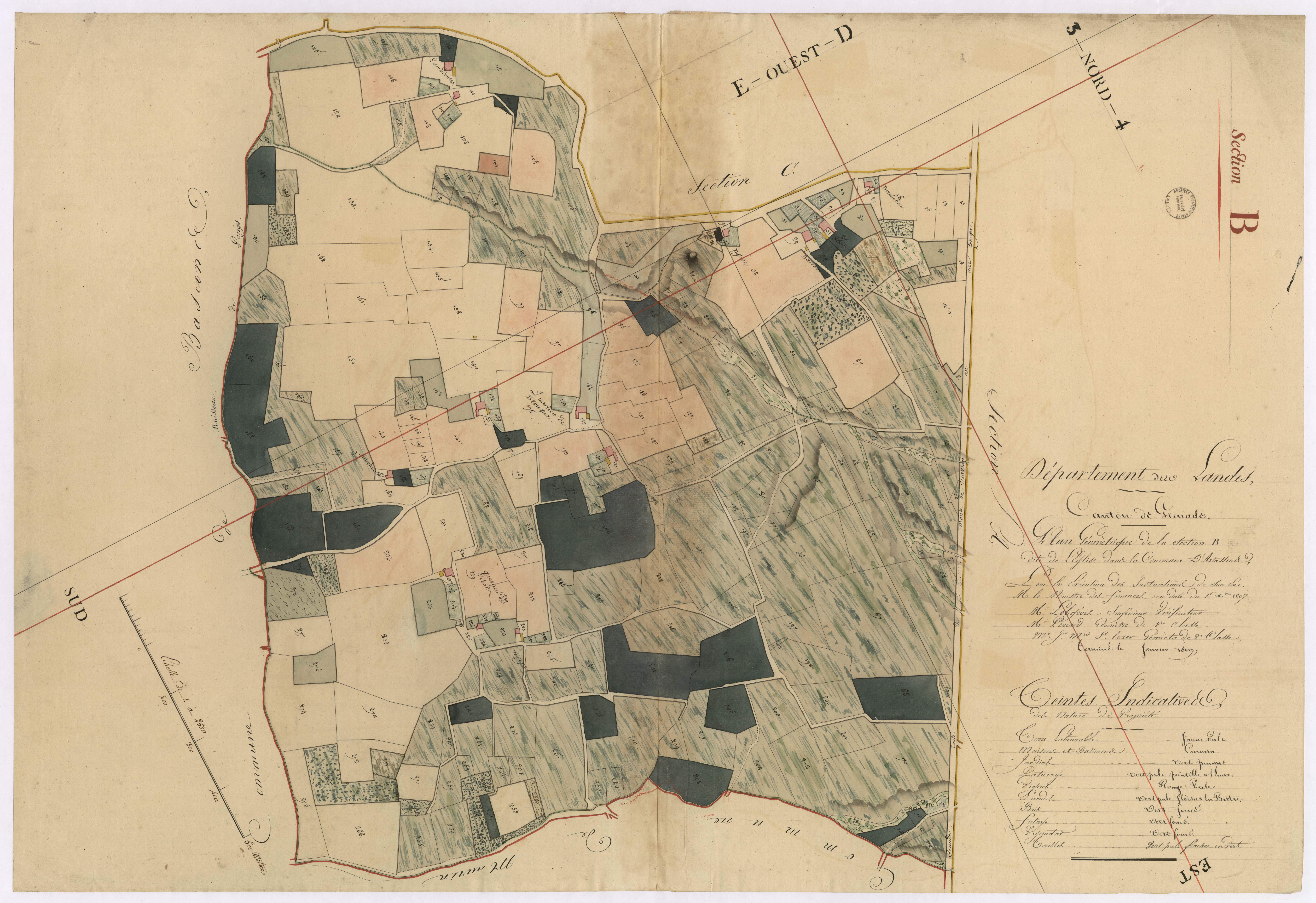 Artassenx - Plan géométrique de la section B, dite de l'Eglise, par Lobgeois, Perrond et Saint-Lézer, géomètres