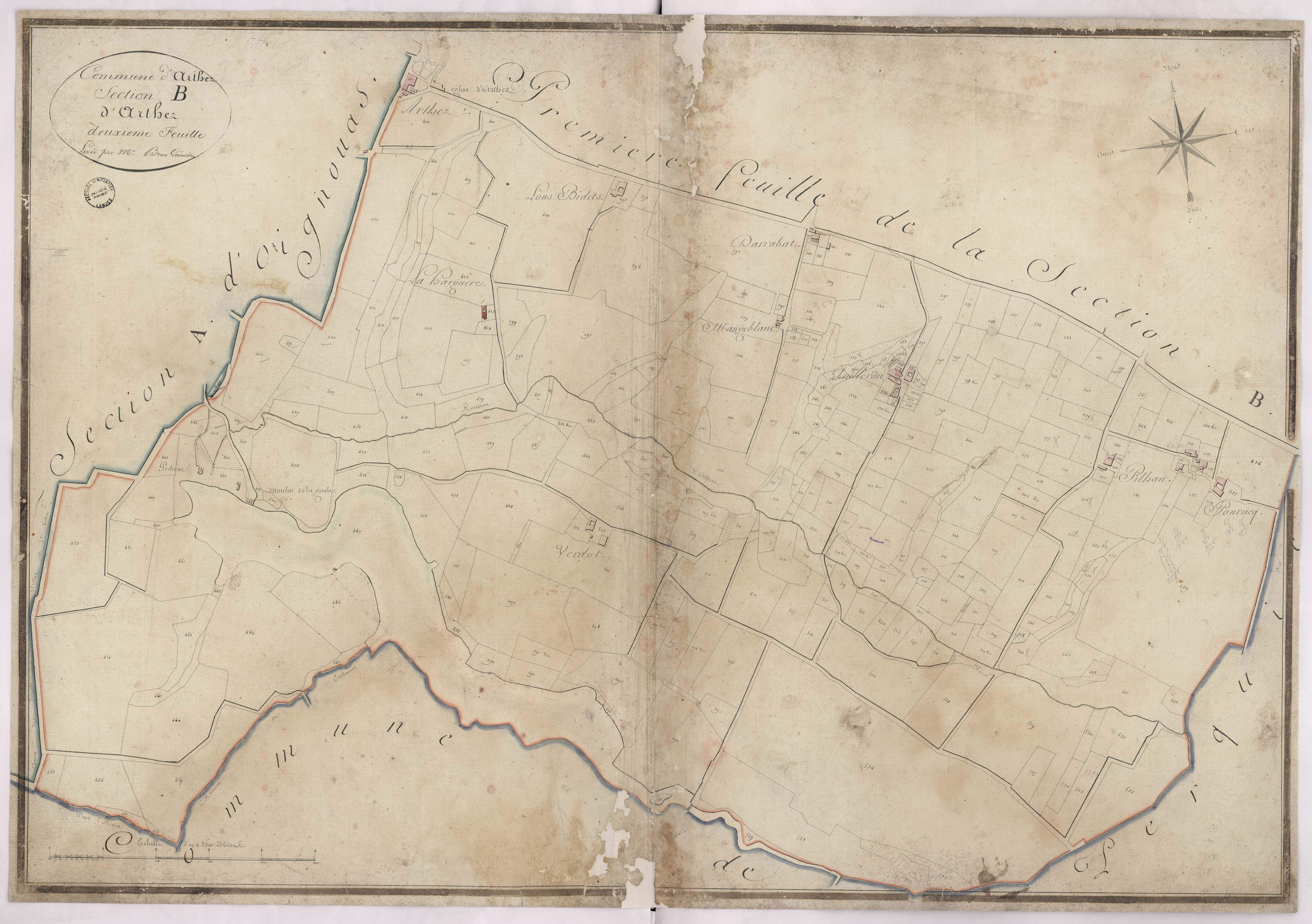 Arthez-d'Armagnac - Section B, dite d'Arthez, 2e feuille, par Brun géomètre
