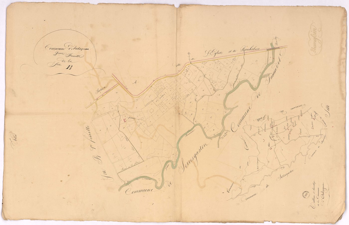 Aubagnan - Section B, 2e feuille, et tableau d'assemblage de la commune d'Aubagnan