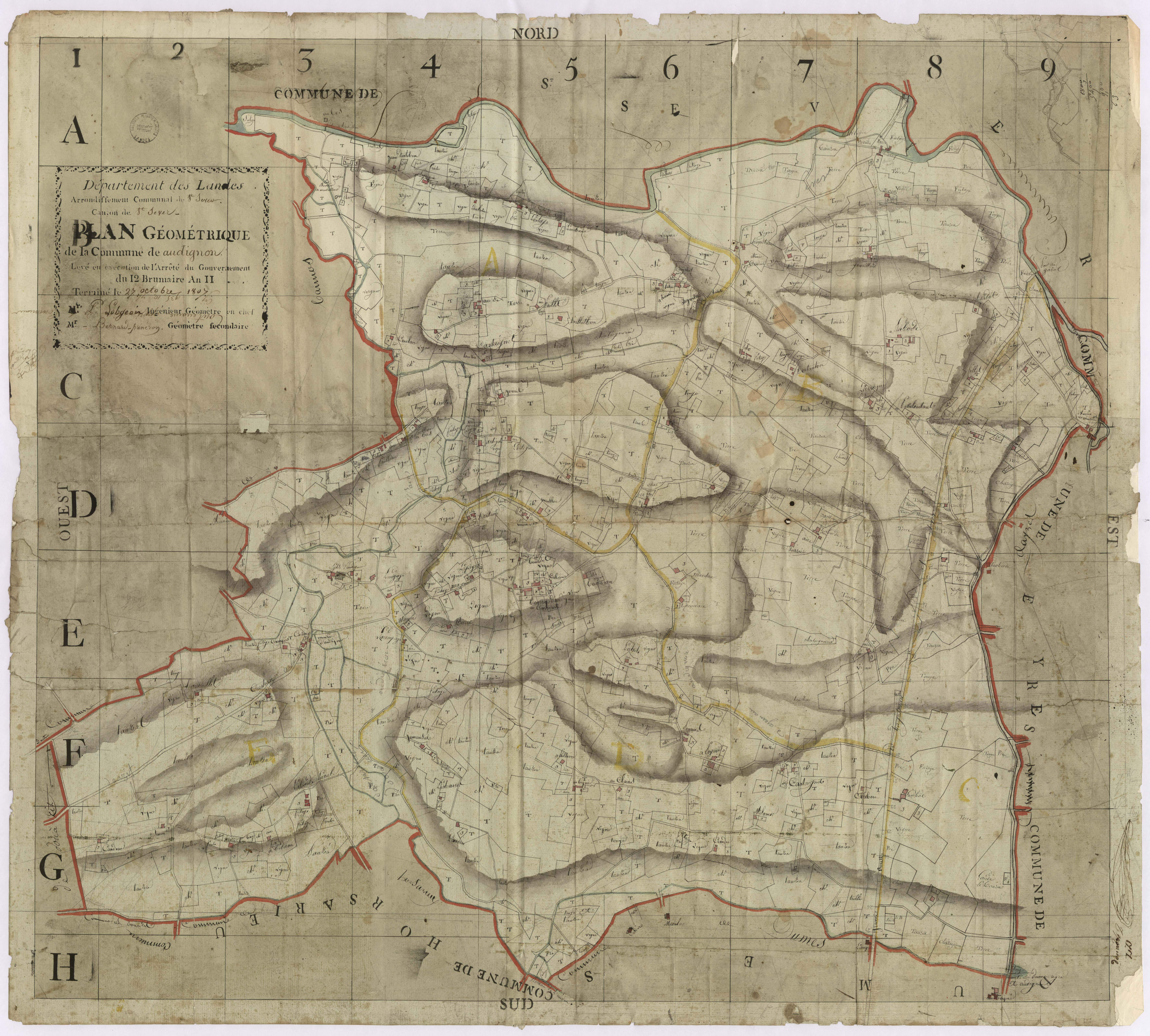 Audignon - Plan géométrique de la commune d'Audignon, par Lobgeois et Bernard Préneron, géomètres