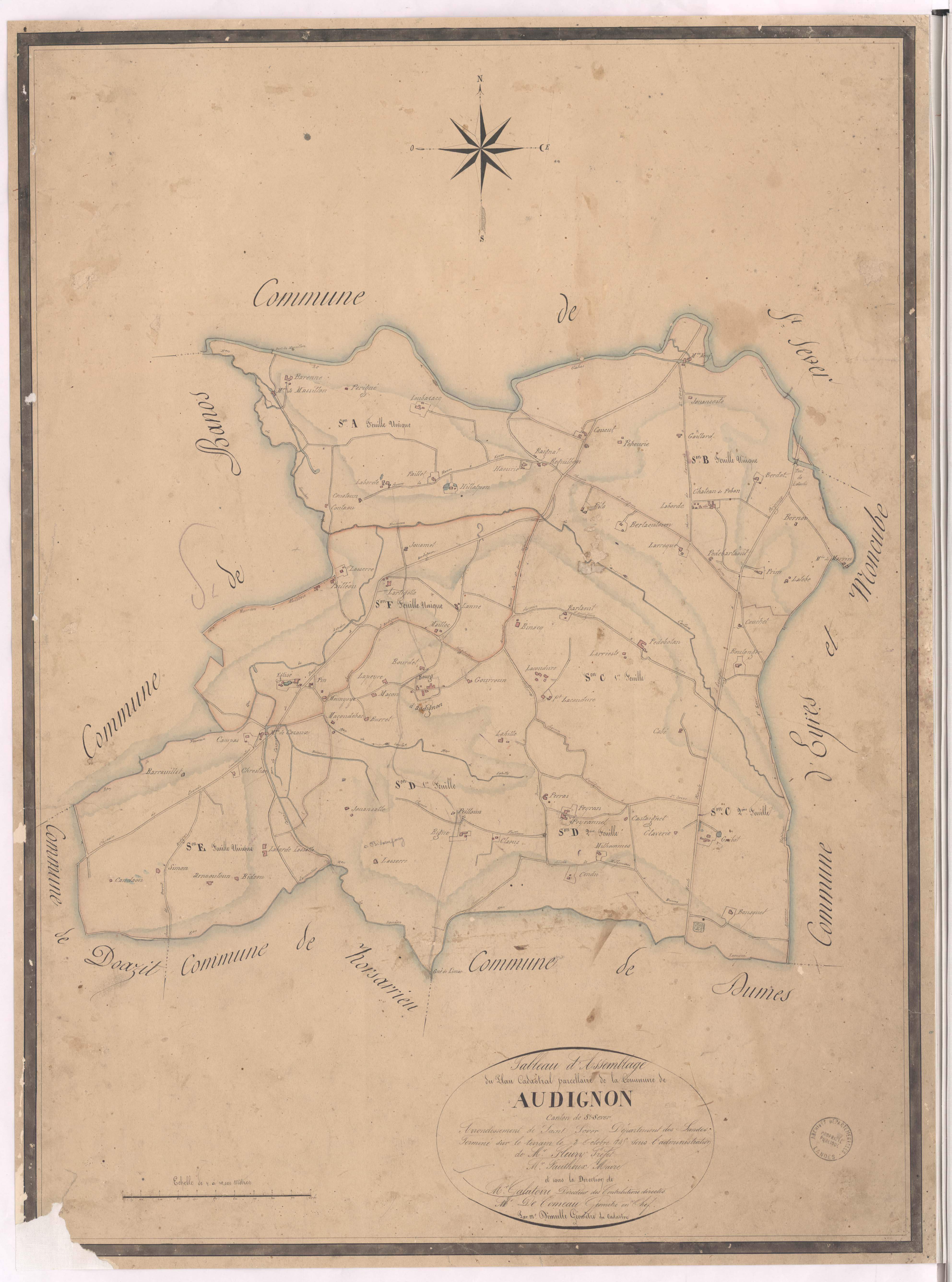 Audignon - Plan cadastral parcellaire de la commune d'Audignon, par de Comeau et Dimulle, géomètres