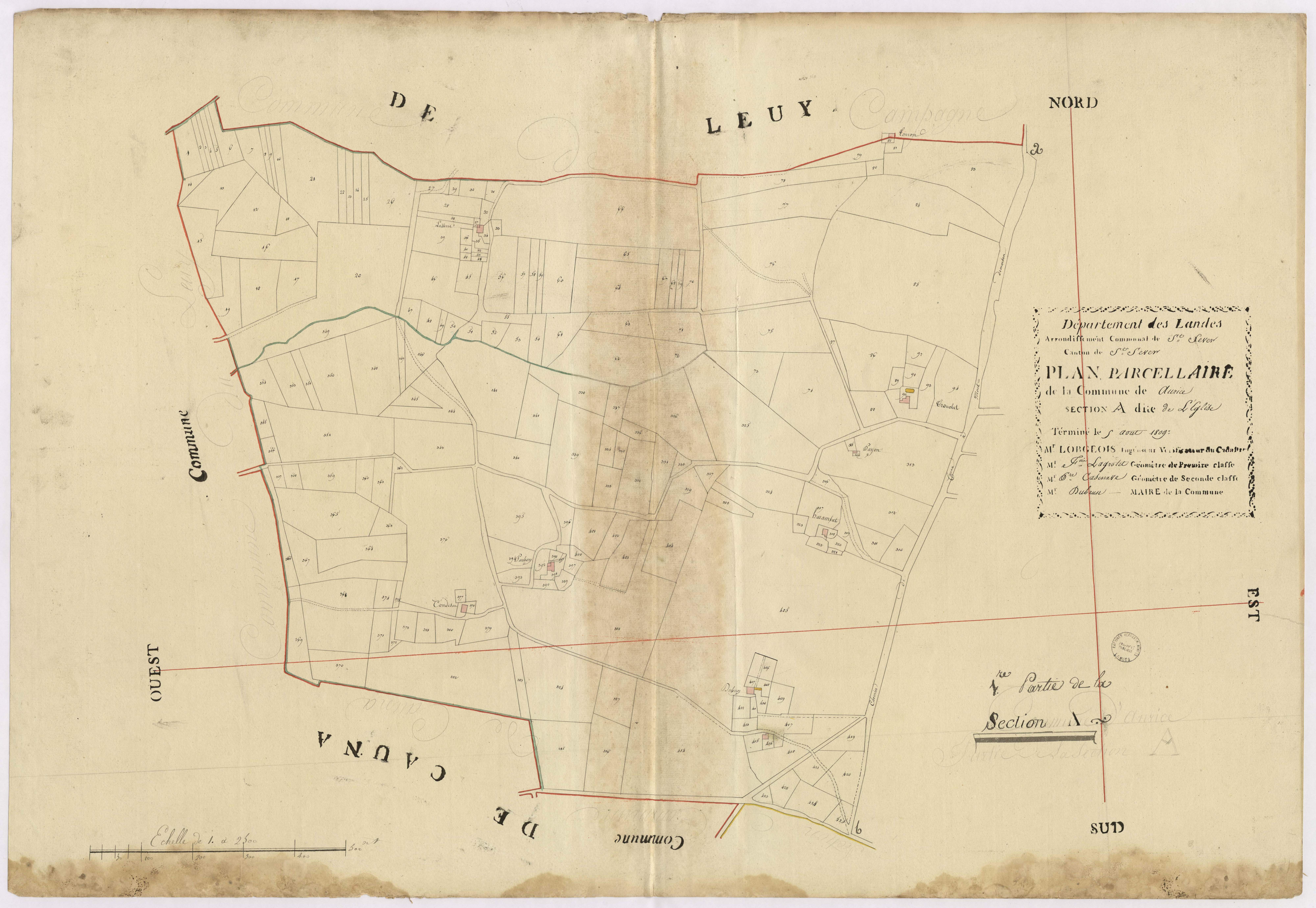 Aurice - Plan parcellaire de la section A, dite de l'Eglise, 1re partie, par Lobgeois, Lagrolet et Cazenave, géomètres