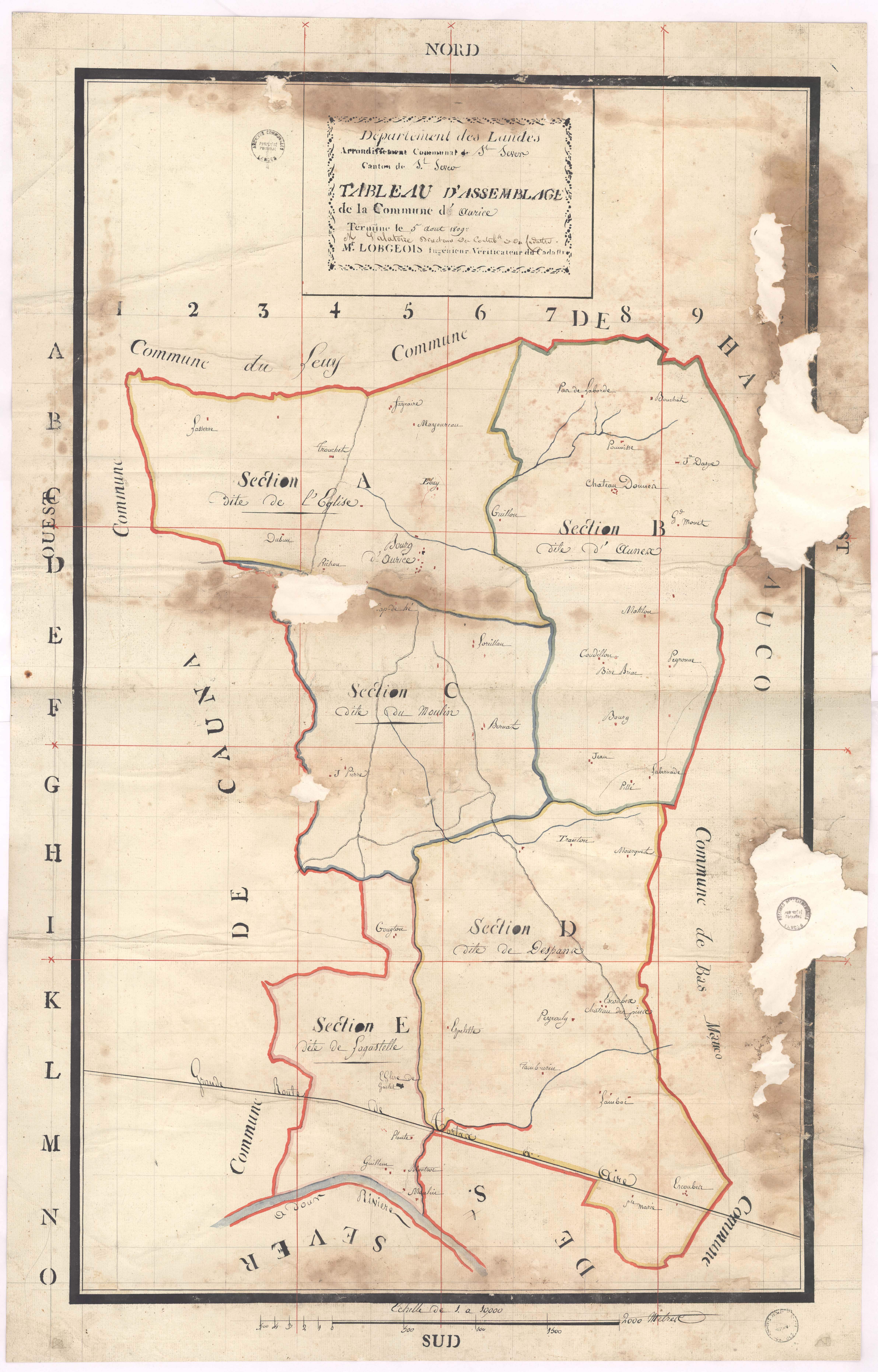 Aurice - Tableau d'assemblage de la commune d'Aurice, par Lobgeois ingénieur vérificateur du cadastre