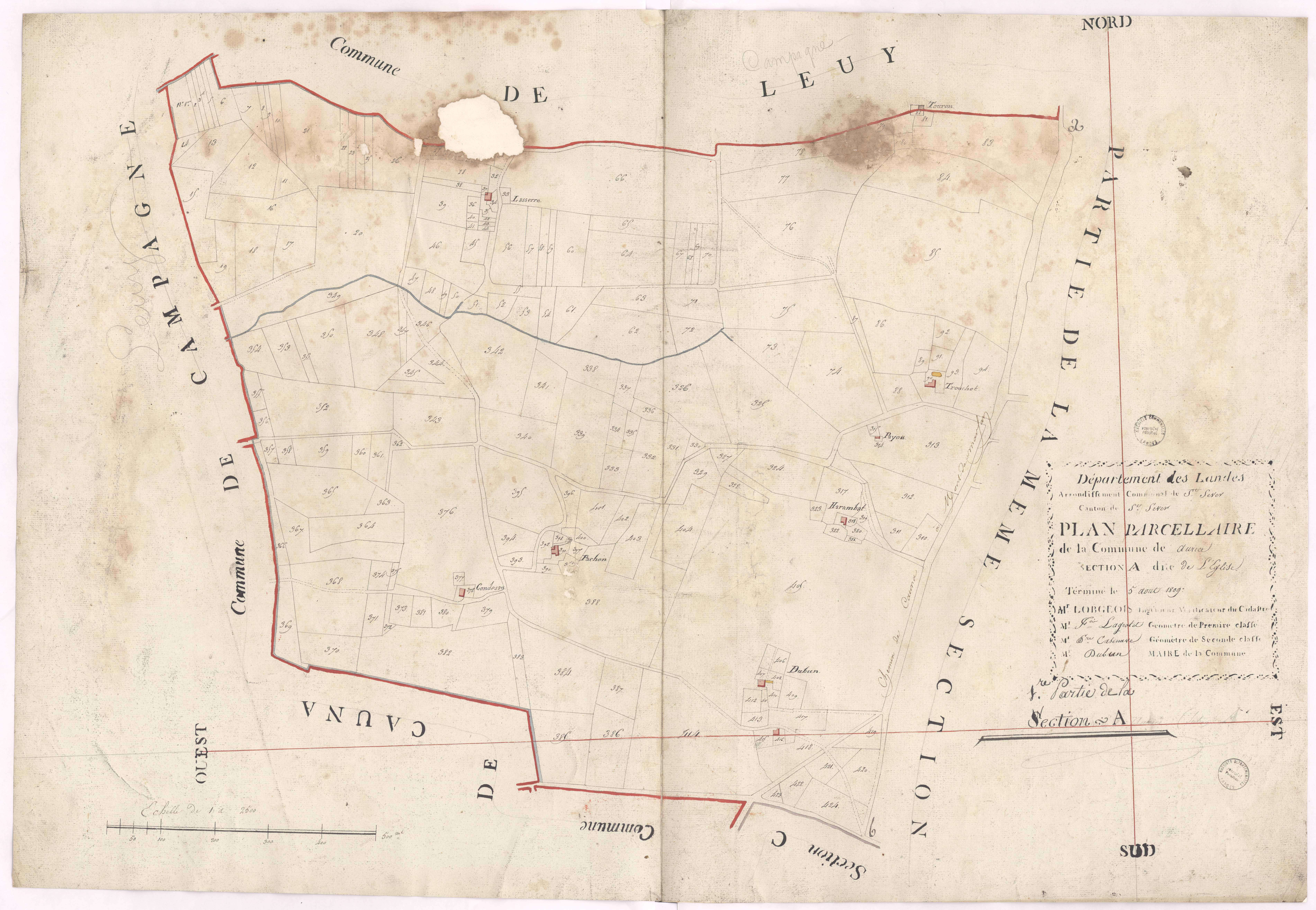 Aurice - Plan parcellaire de la section A, dite de l'Eglise, 1re partie, par Lobgeois, Lagrolet et Cazenave, géomètres
