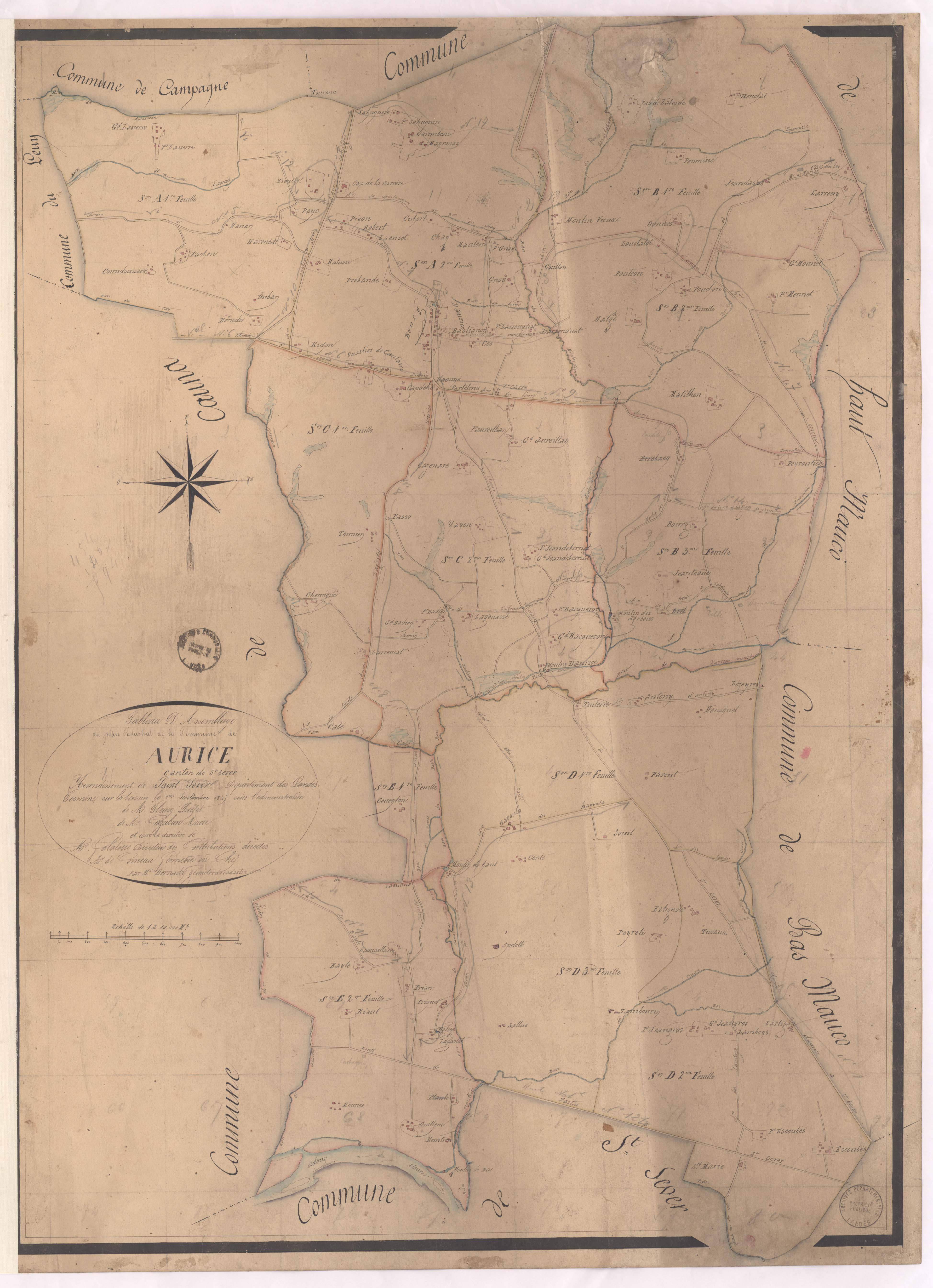 Aurice - Plan cadastral parcellaire de la commune d'Aurice, par de Comeau et Bernady, géomètres