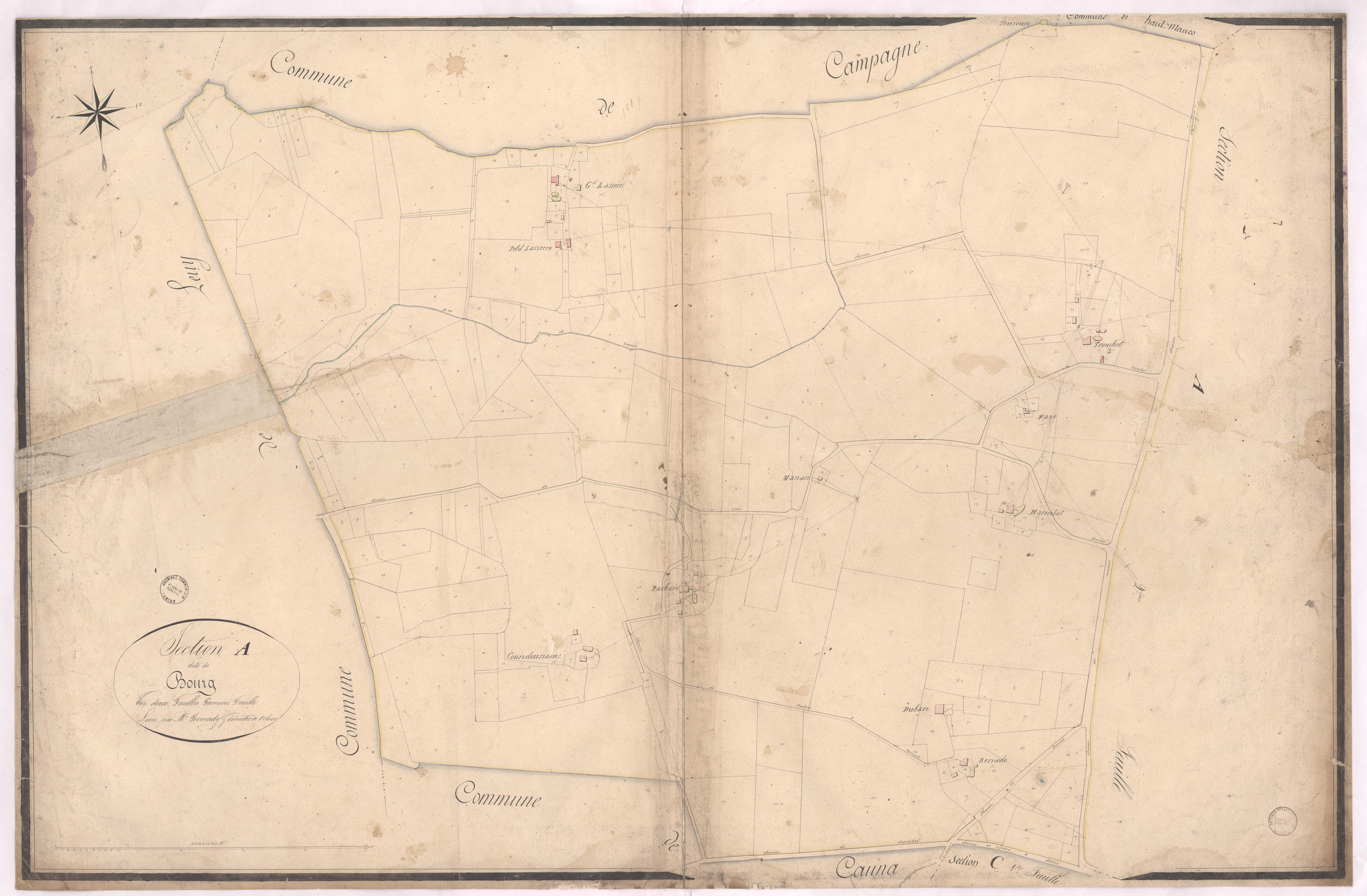 Aurice - Section A, dite de Bourg, 1re feuille, par Bernady géomètre