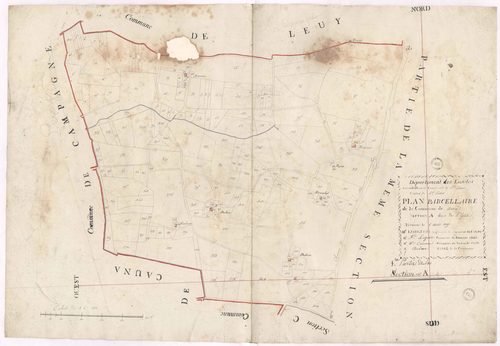 Aurice - Plan parcellaire de la section A, dite de l'Eglise, 1re partie, par Lobgeois, Lagrolet et Cazenave, géomètres