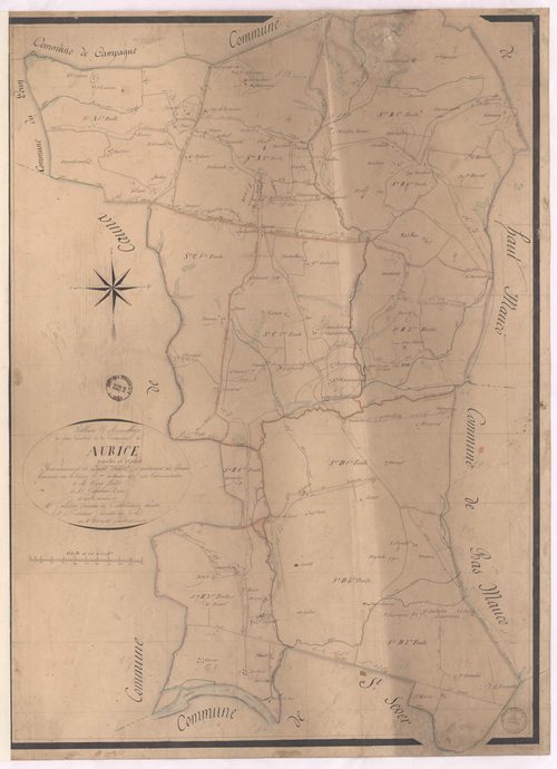 Aurice - Plan cadastral parcellaire de la commune d'Aurice, par de Comeau et Bernady, géomètres