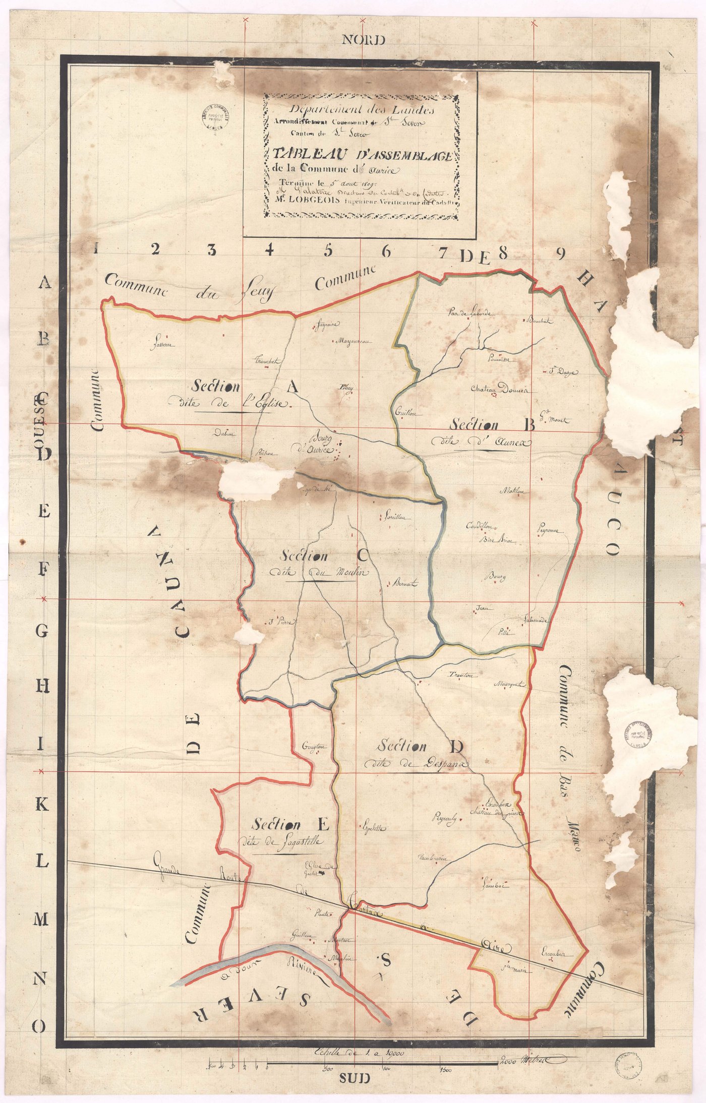 Aurice - Tableau d'assemblage de la commune d'Aurice, par Lobgeois ingénieur vérificateur du cadastre