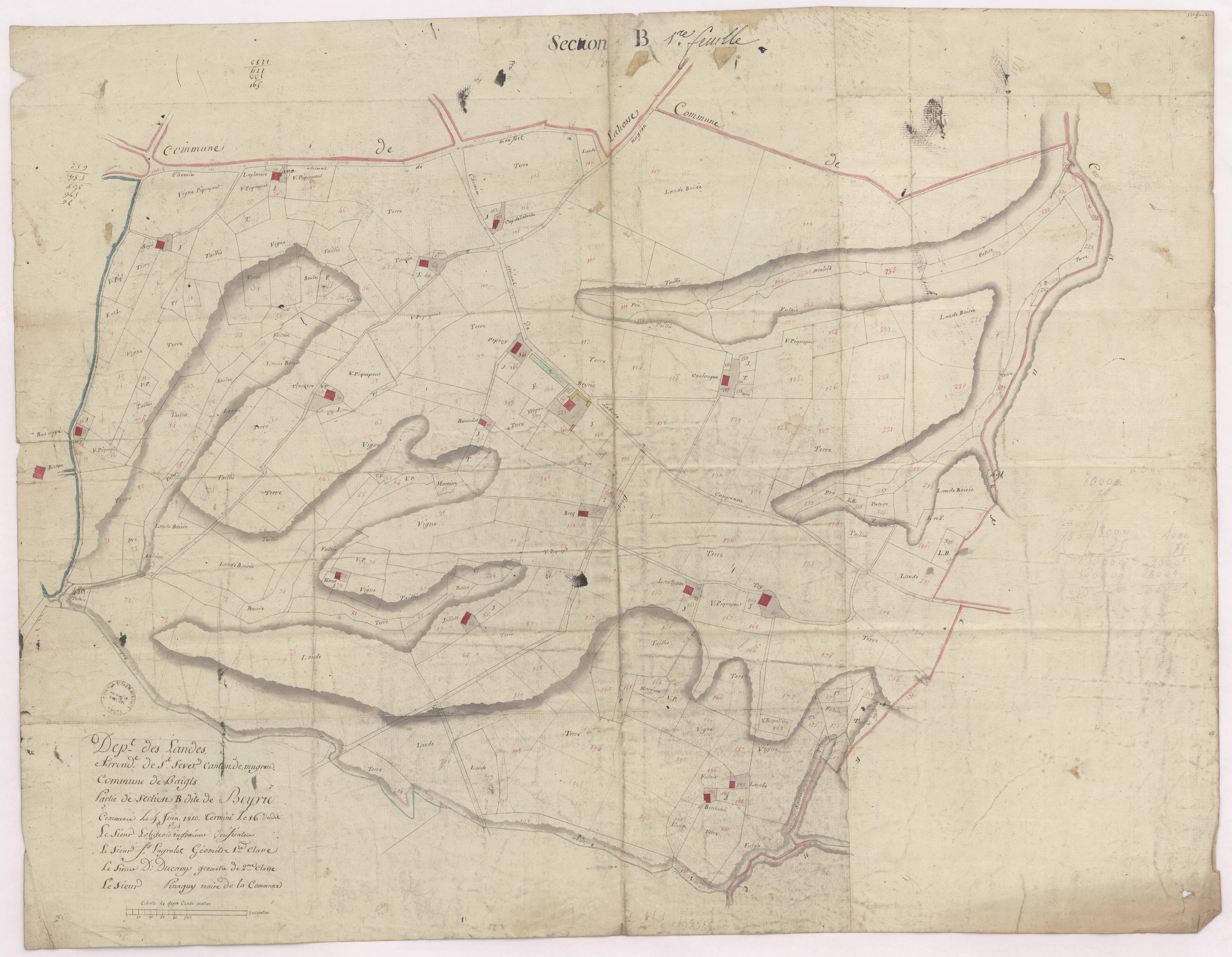 Baigts - Section B, dite de Beyrie, 1re feuille, par Lobgeois, Lagrolet et Ducamp, géomètres