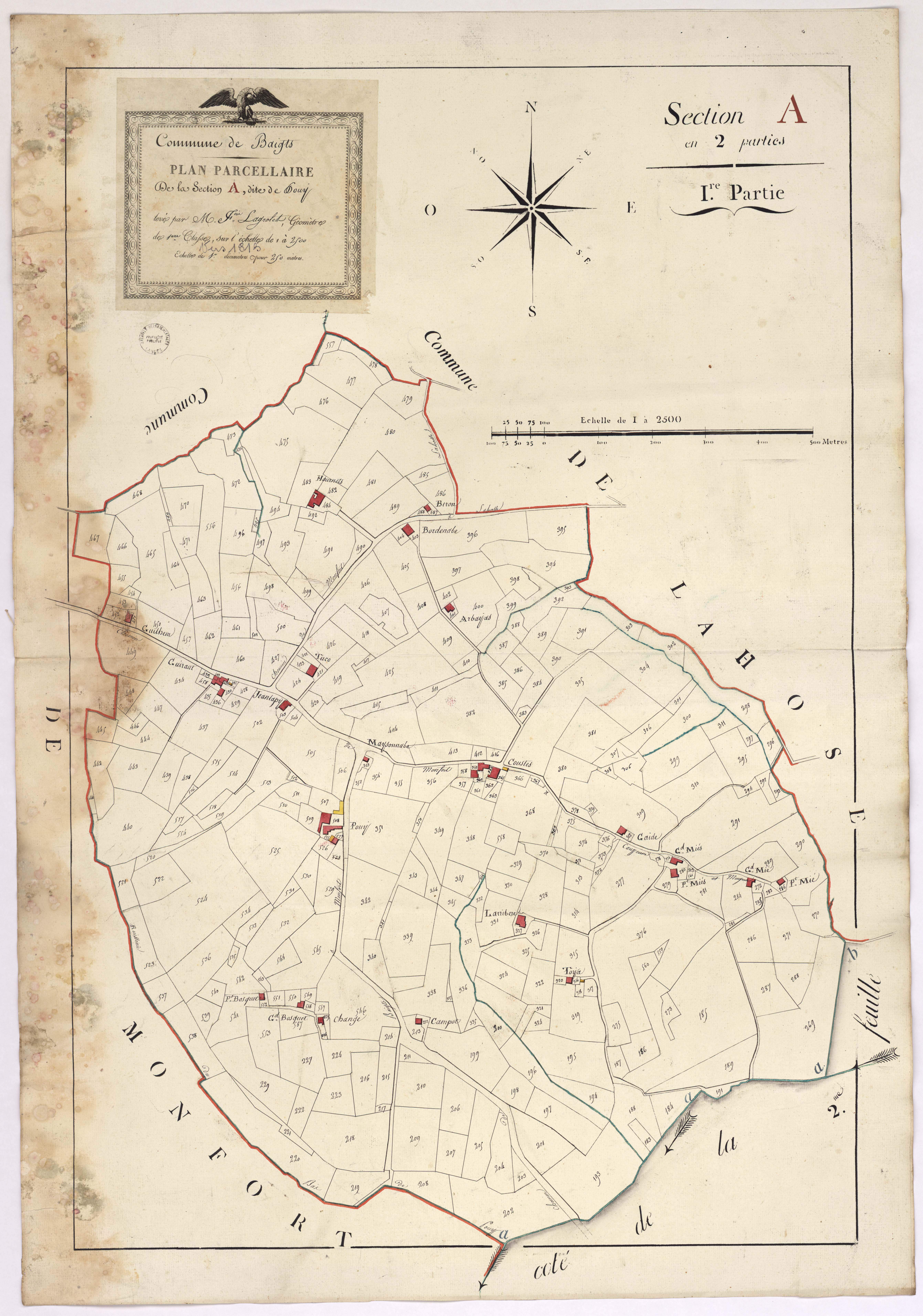 Baigts - Plan parcellaire de la section A, dite de Pouy, 1re partie, par Lagrolet géomètre