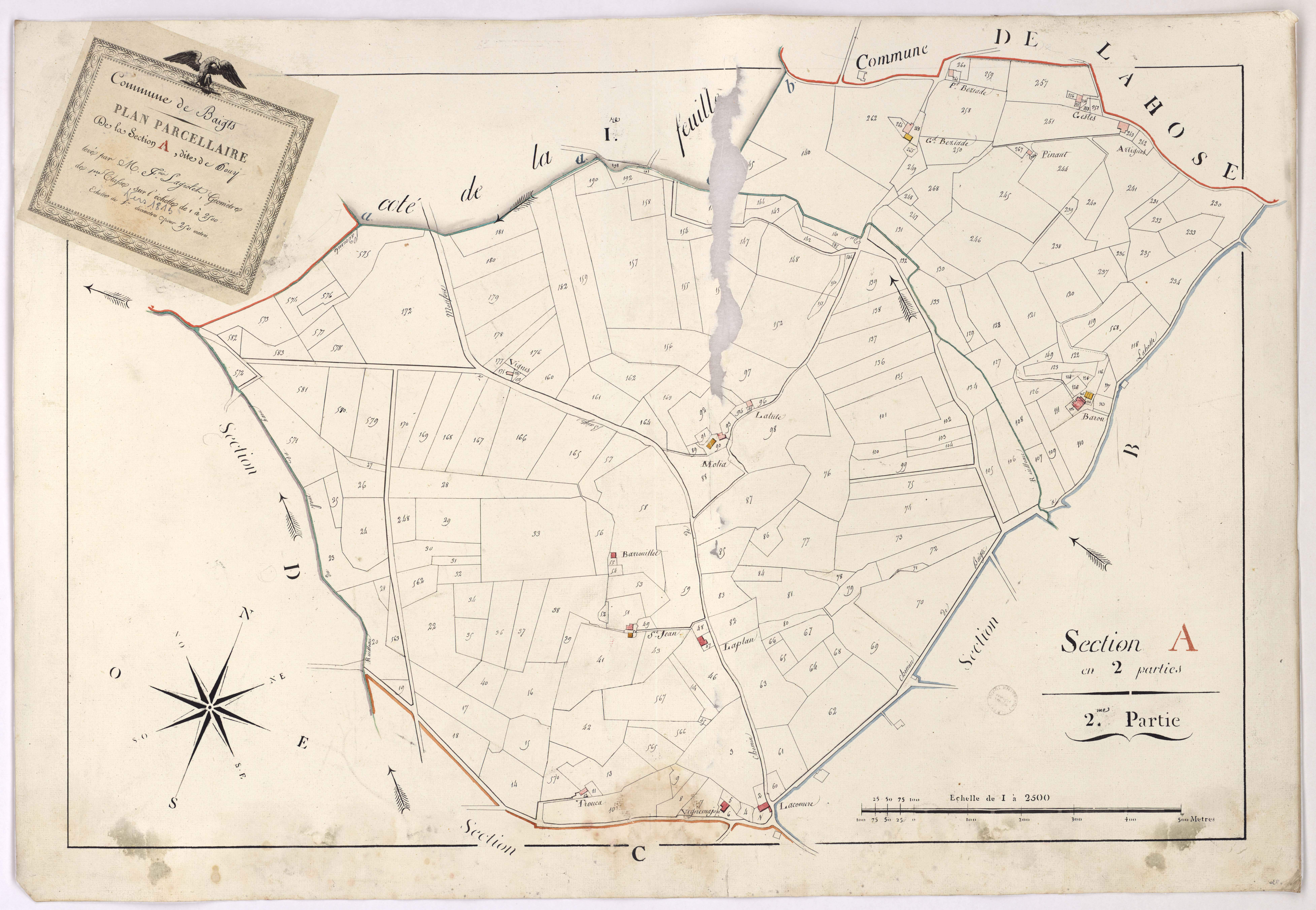 Baigts - Plan parcellaire de la section A, dite de Pouy, 2e partie, par Lagrolet géomètre
