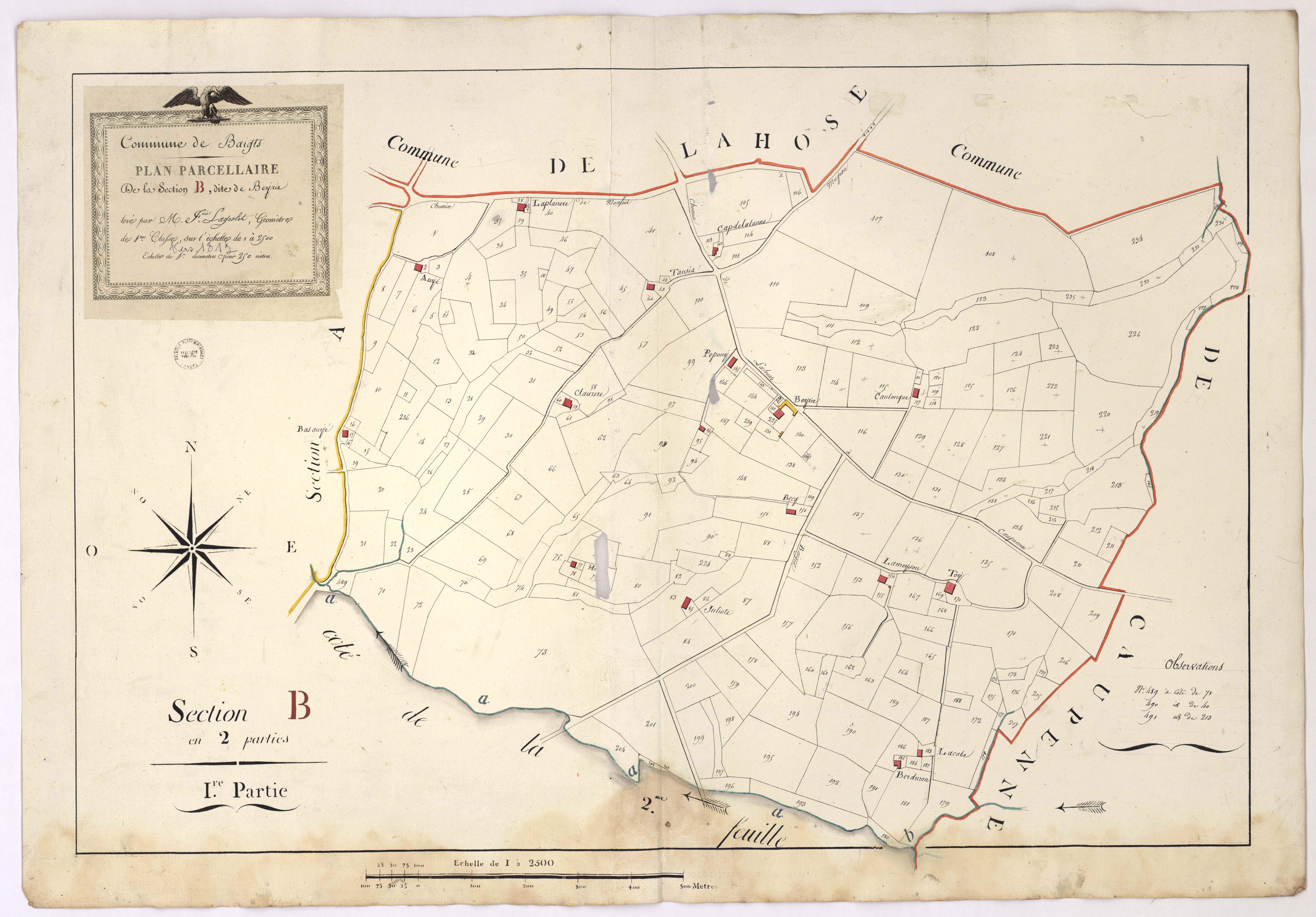 Baigts - Plan parcellaire de la section B, dite de Beyrie, 1re partie, par Lagrolet géomètre
