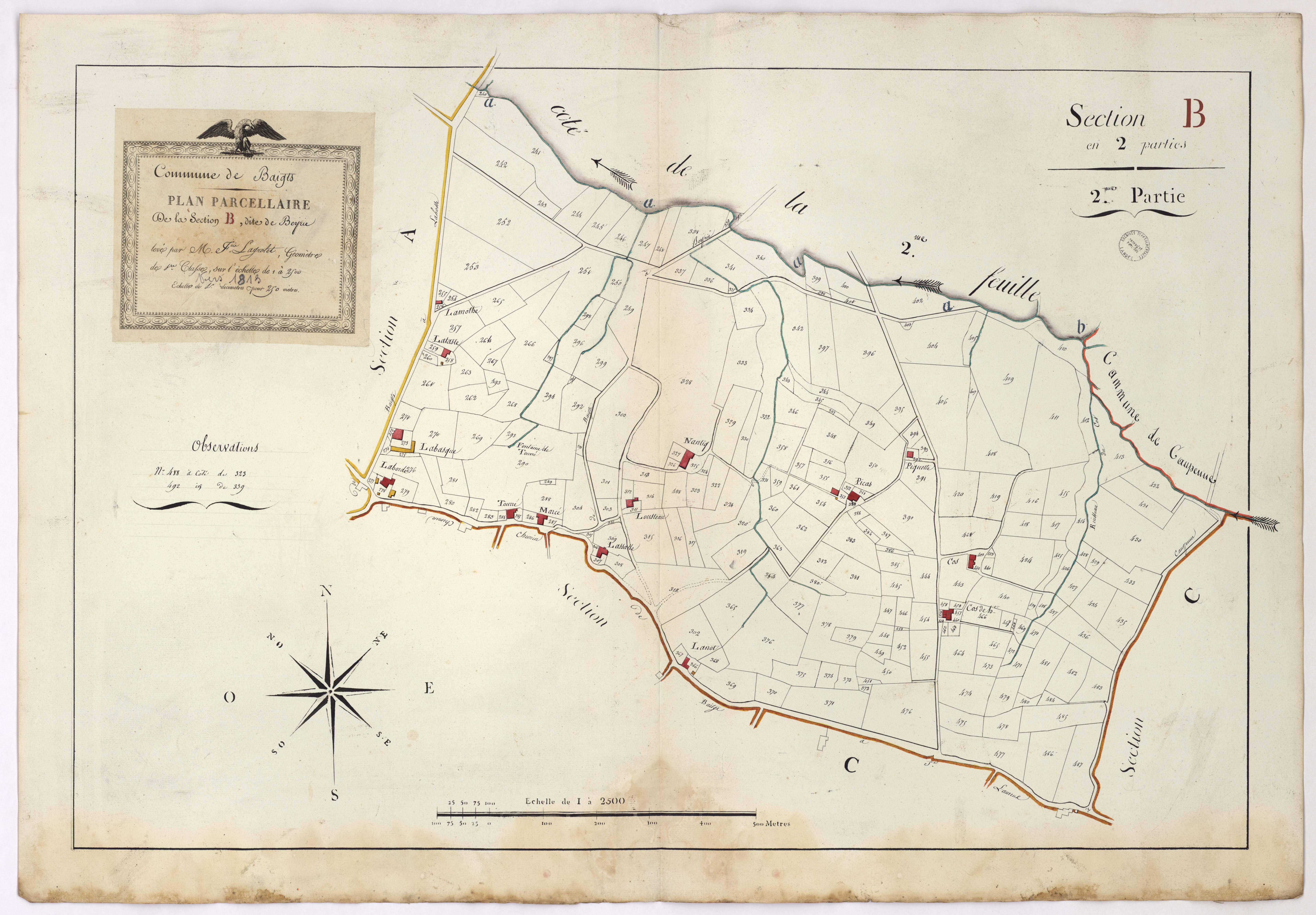 Baigts - Plan parcellaire de la section B, dite de Beyrie, 2e partie, par Lagrolet géomètre