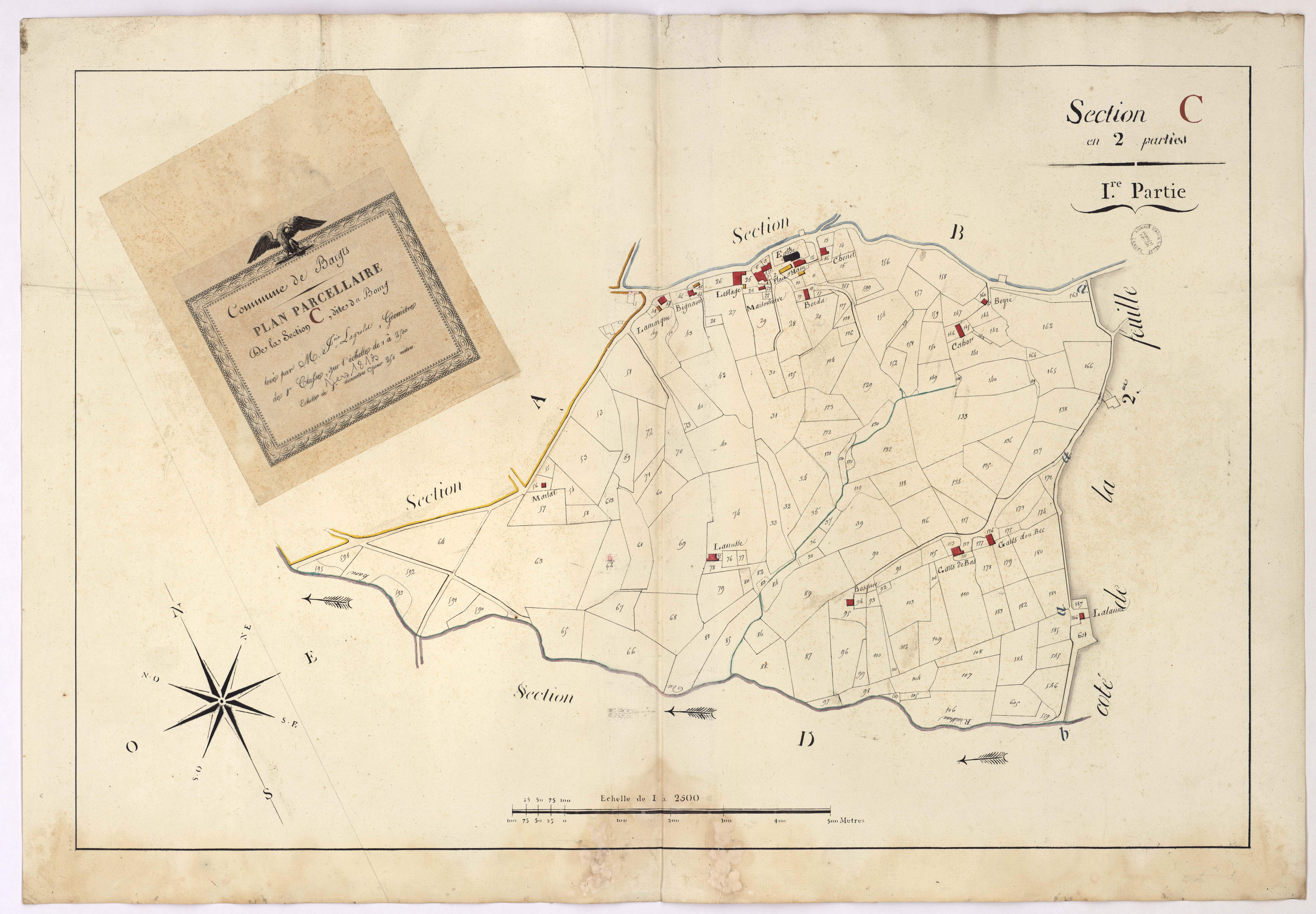 Baigts - Plan parcellaire de la section C, dite du Bourg, 1re partie, par Lagrolet géomètre