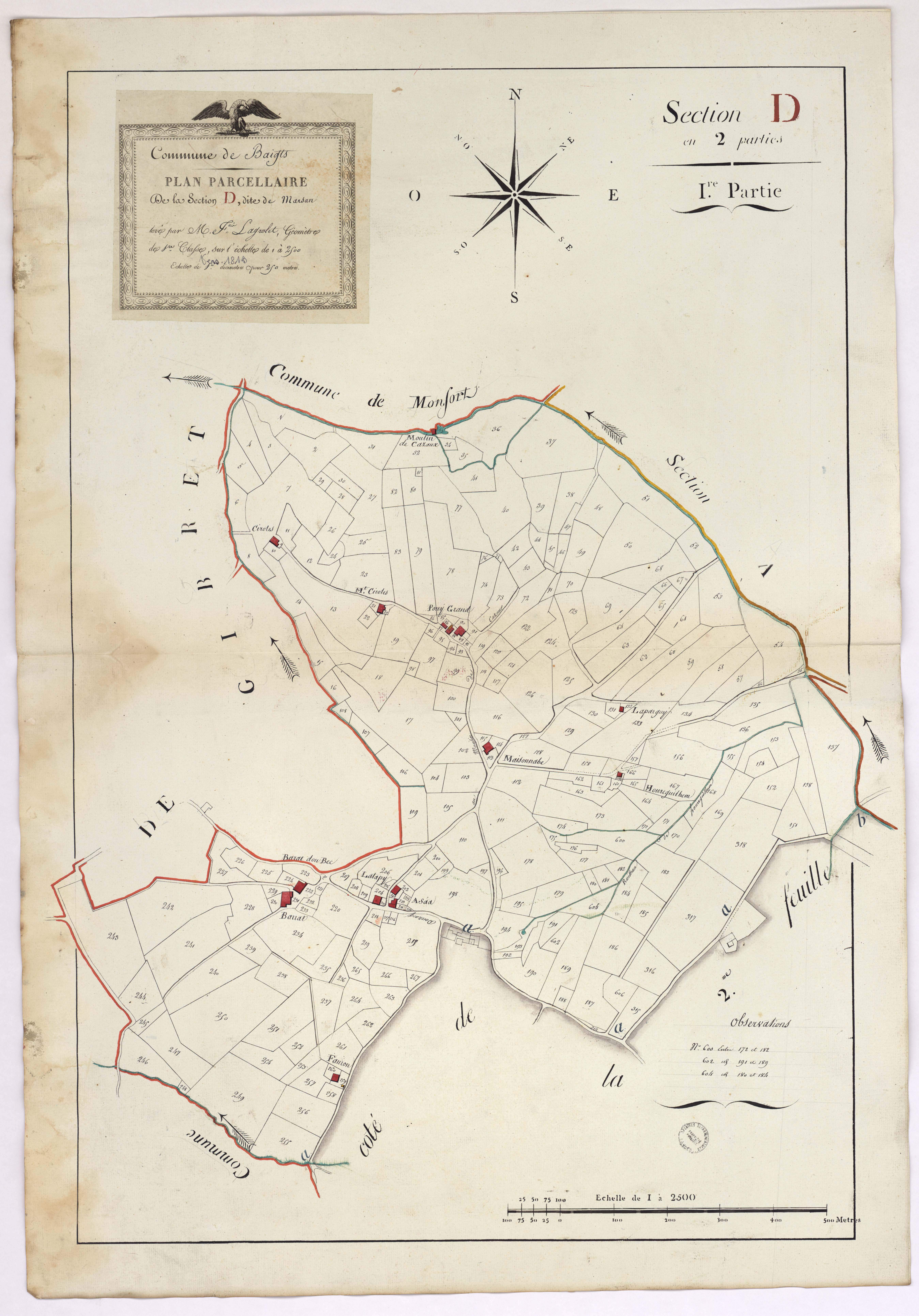 Baigts - Plan parcellaire de la section D, dite de Marsan, 1re partie, par Lagrolet géomètre