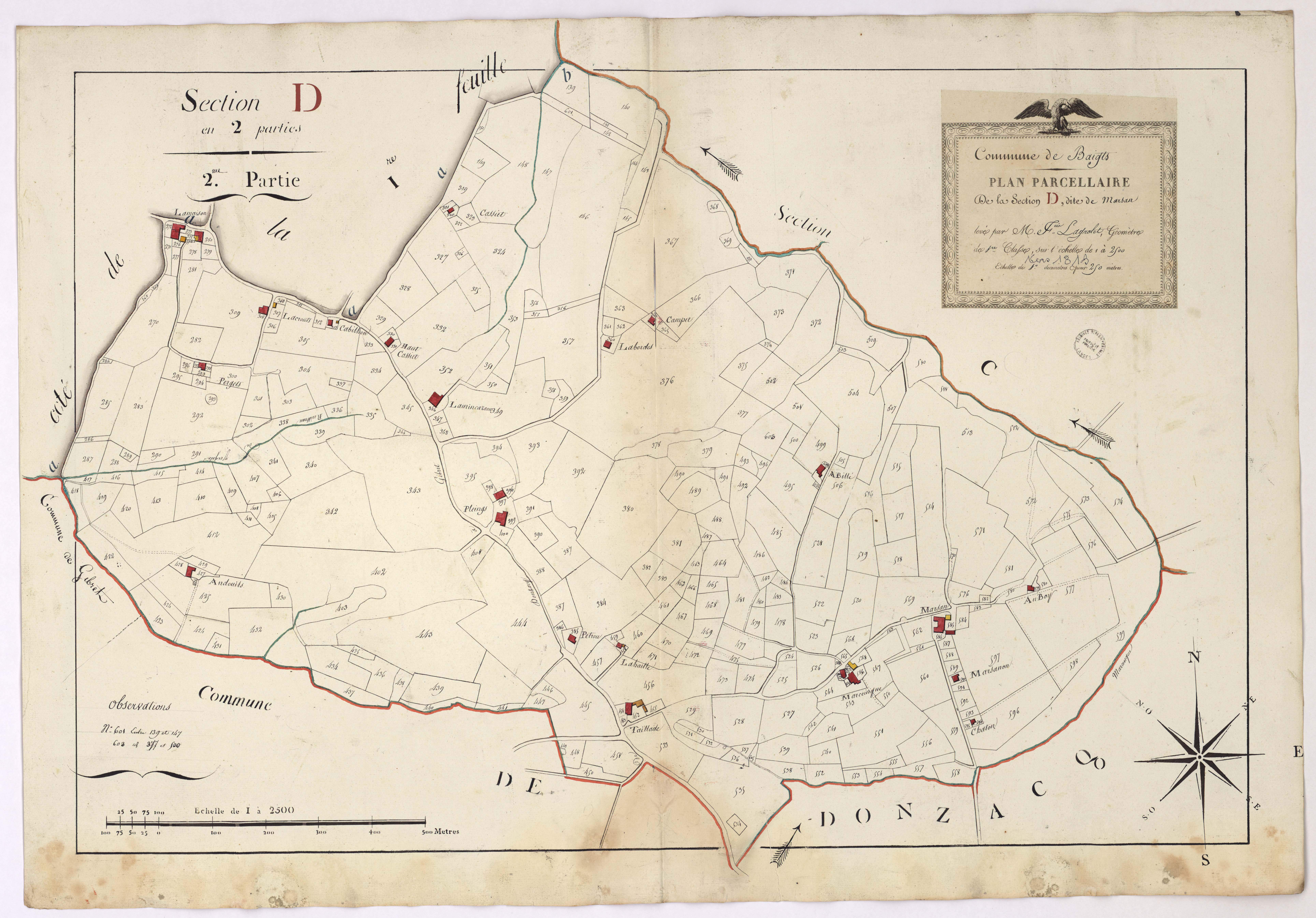 Baigts - Plan parcellaire de la section D, dite de Marsan, 2e partie, par Lagrolet géomètre