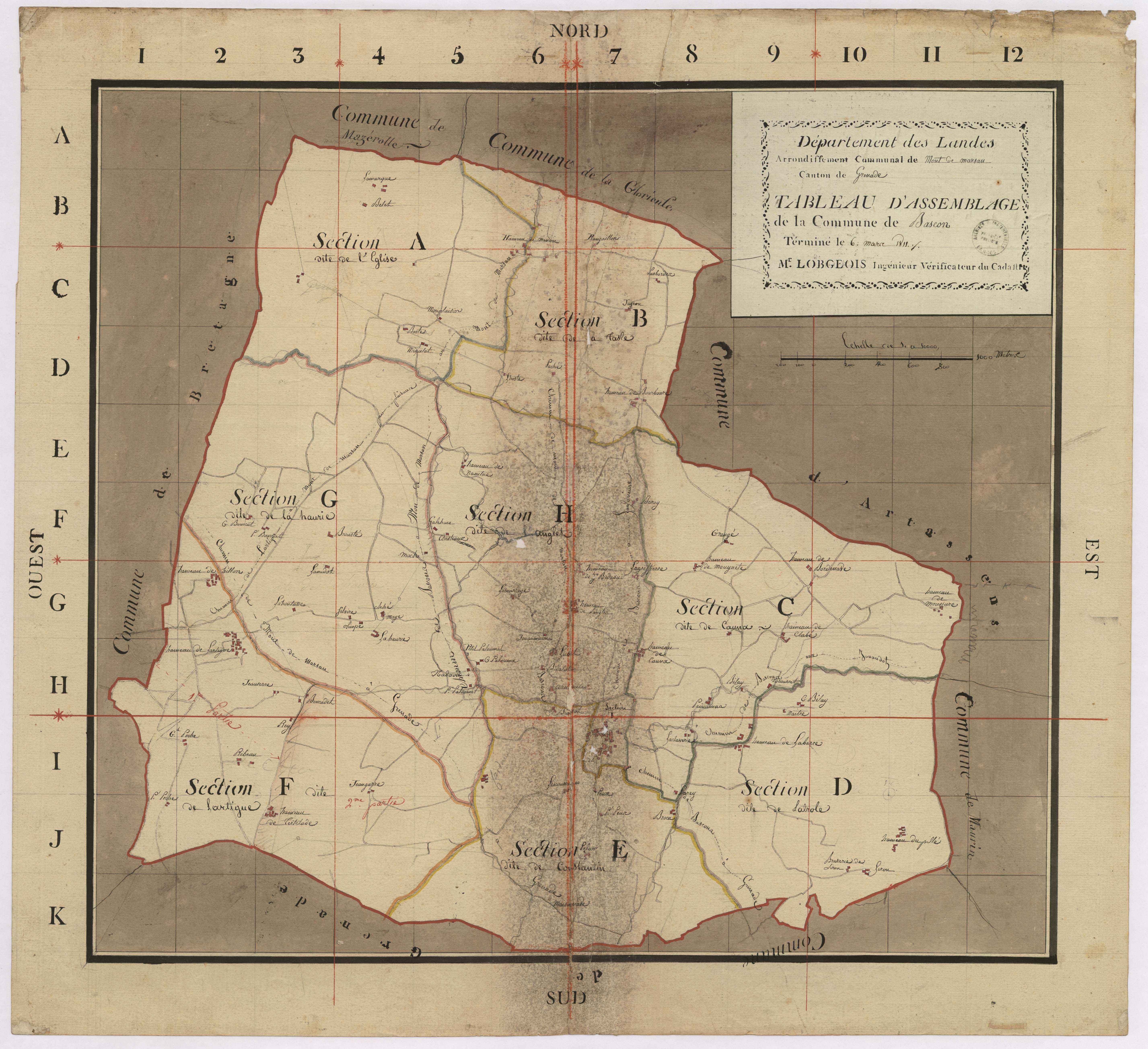 Bascons - Tableau d'assemblage de la commune de Bascons, par Lobgeois ingénieur vérificateur du cadastre