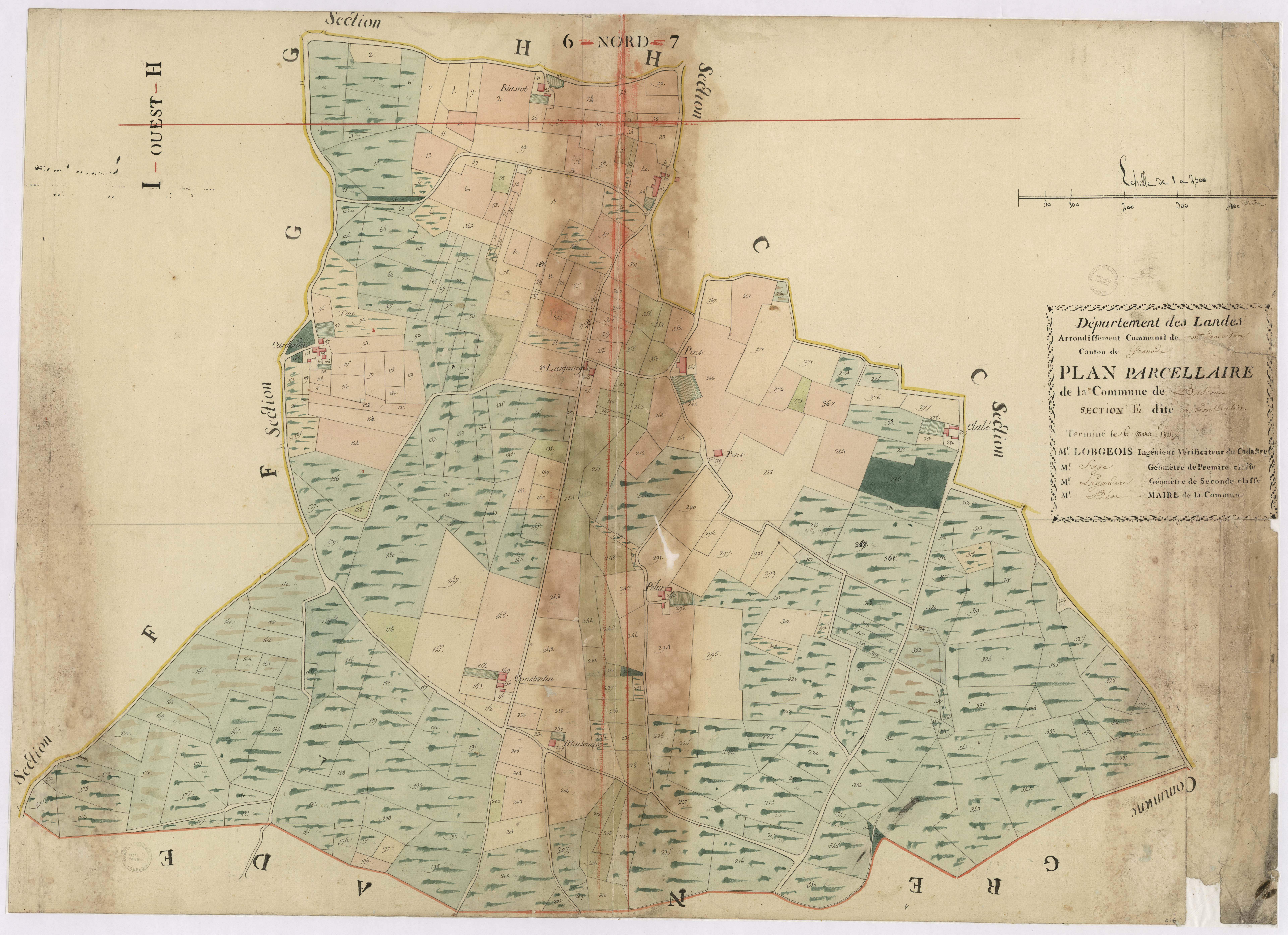 Bascons - Plan parcellaire de la section E, dite de Constantin, par Lobgois, Fagé et Lagardère, géomètres