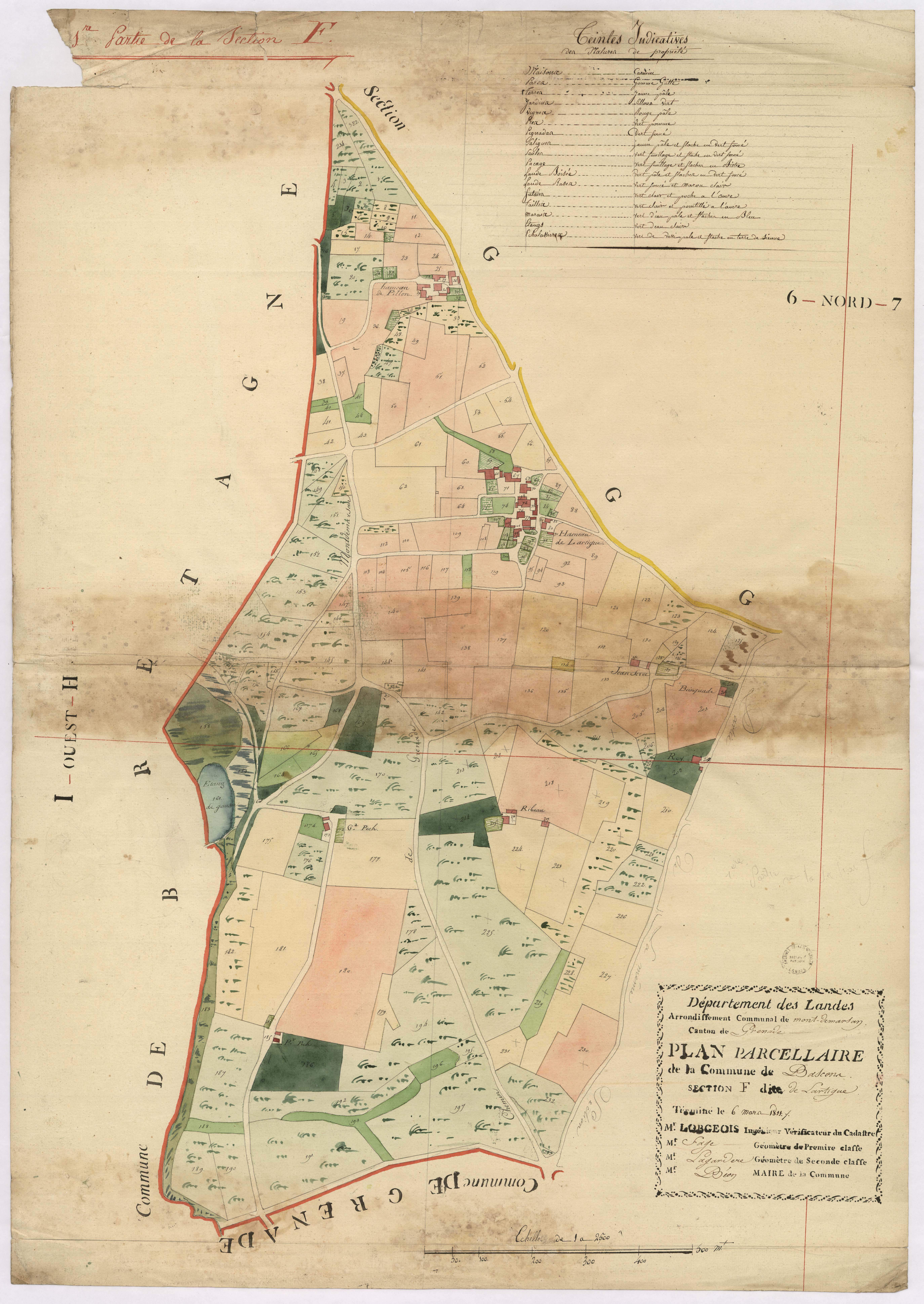 Bascons - Plan parcellaire de la section F, dite de Lartigue, par Lobgois, Fagé et Lagardère, géomètres