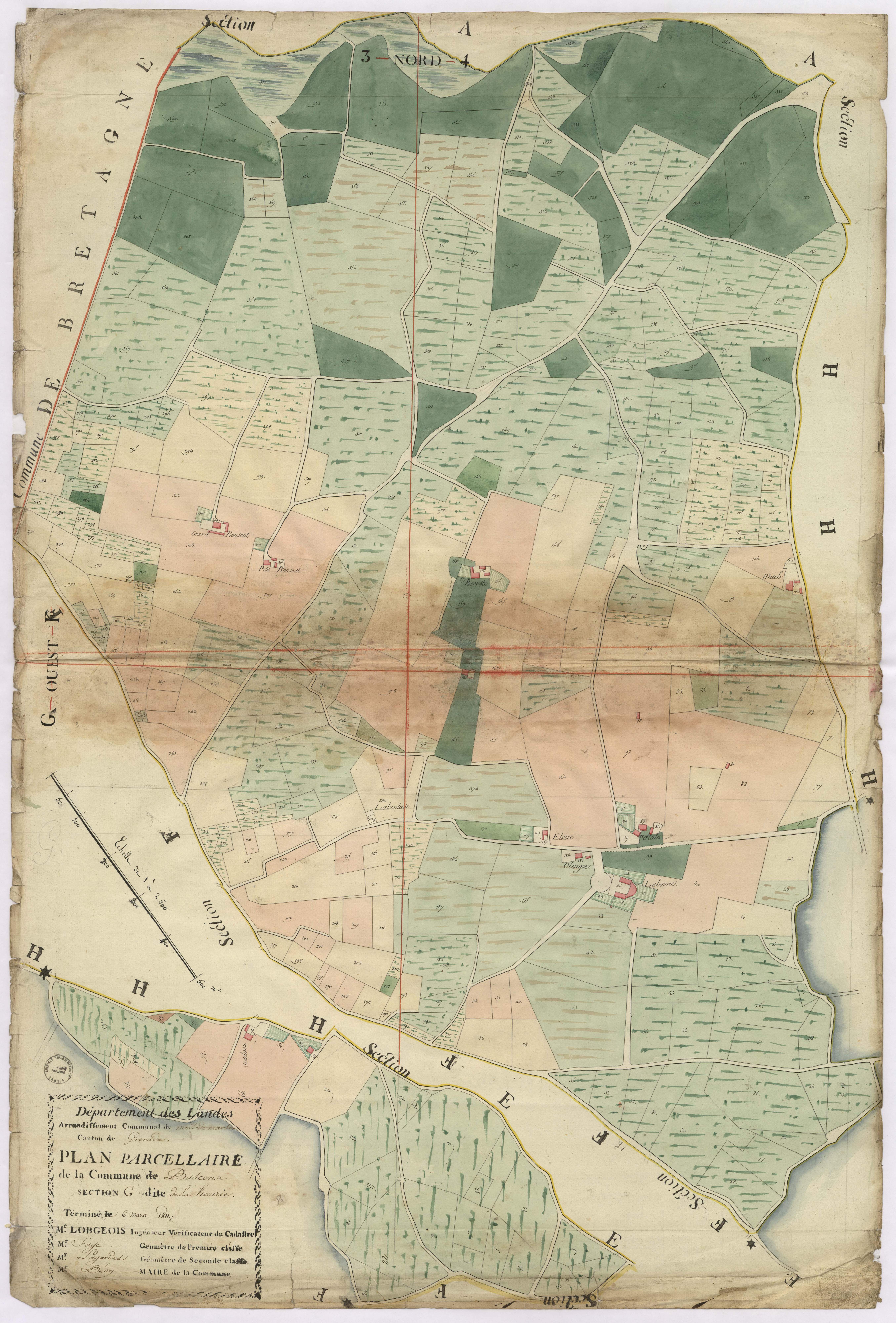 Bascons - Plan parcellaire de la section G, dite de Lahaurie, par Lobgois, Fagé et Lagardère, géomètres