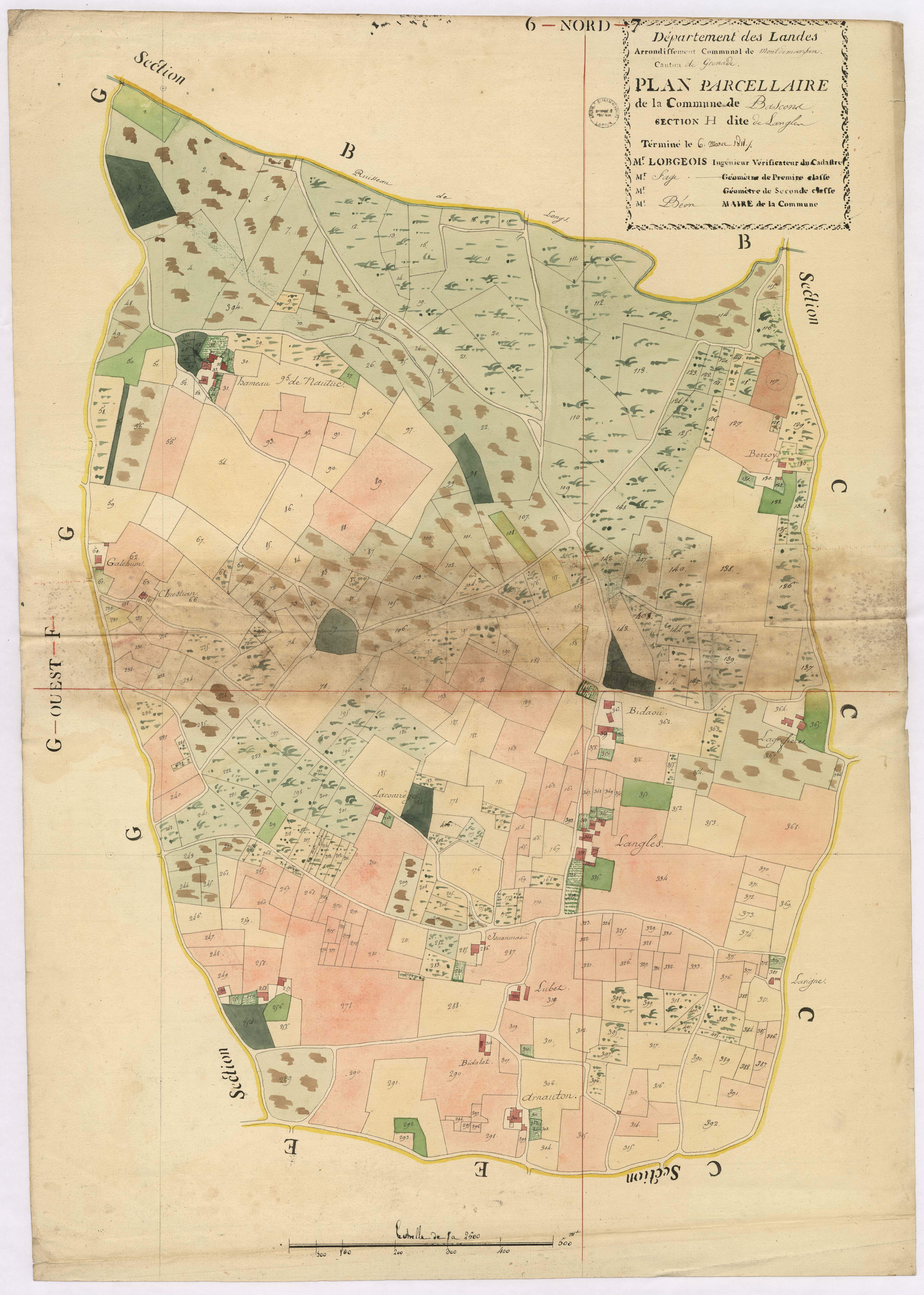 Bascons - Plan parcellaire de la section H, dite de Langles, par Lobgois et Fagé, géomètres