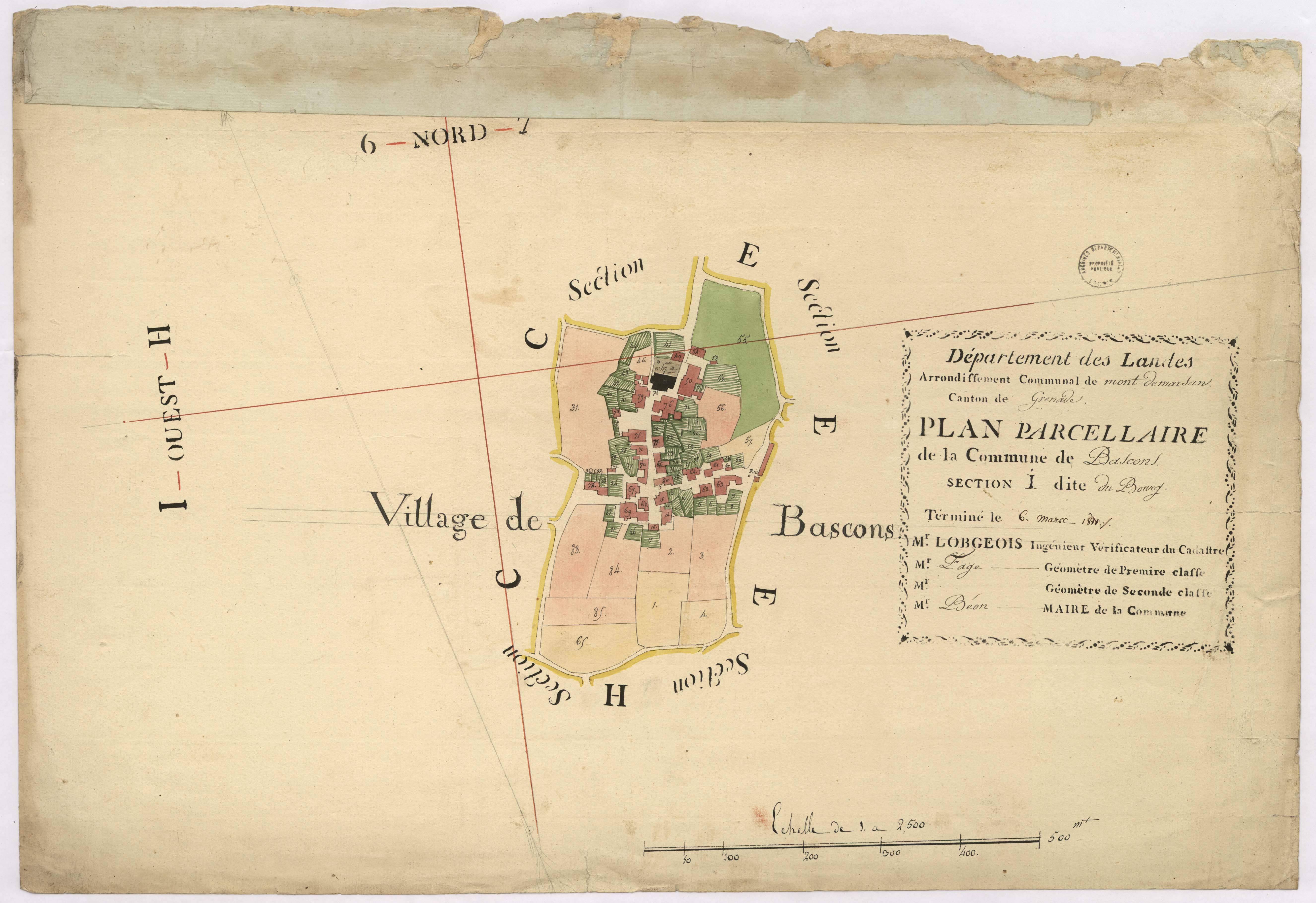 Bascons - Plan parcellaire de la section I, dite du Bourg, par Lobgois et Fagé, géomètres