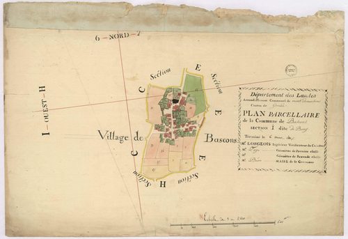 Bascons - Plan parcellaire de la section I, dite du Bourg, par Lobgois et Fagé, géomètres