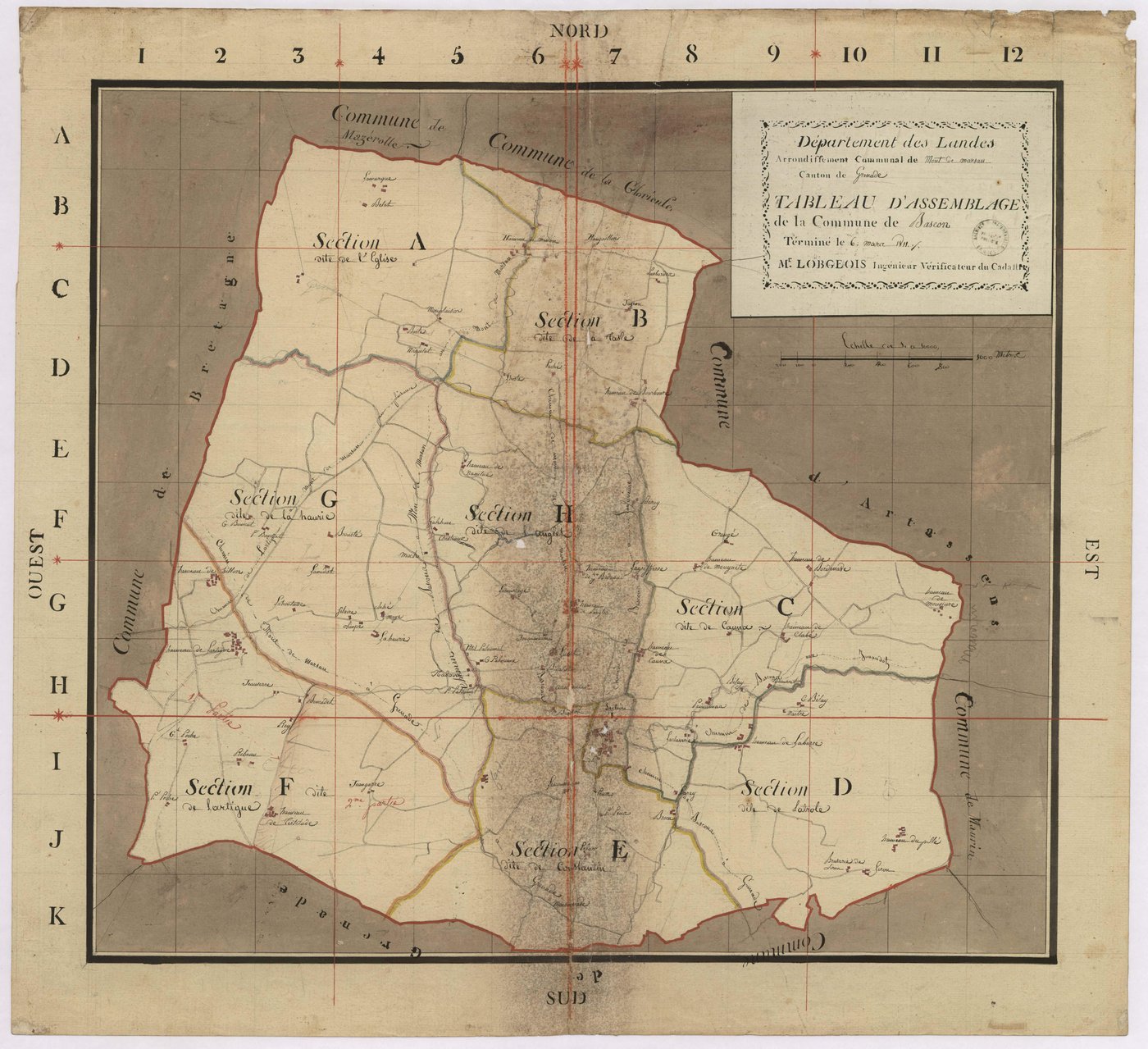 Bascons - Tableau d'assemblage de la commune de Bascons, par Lobgeois ingénieur vérificateur du cadastre