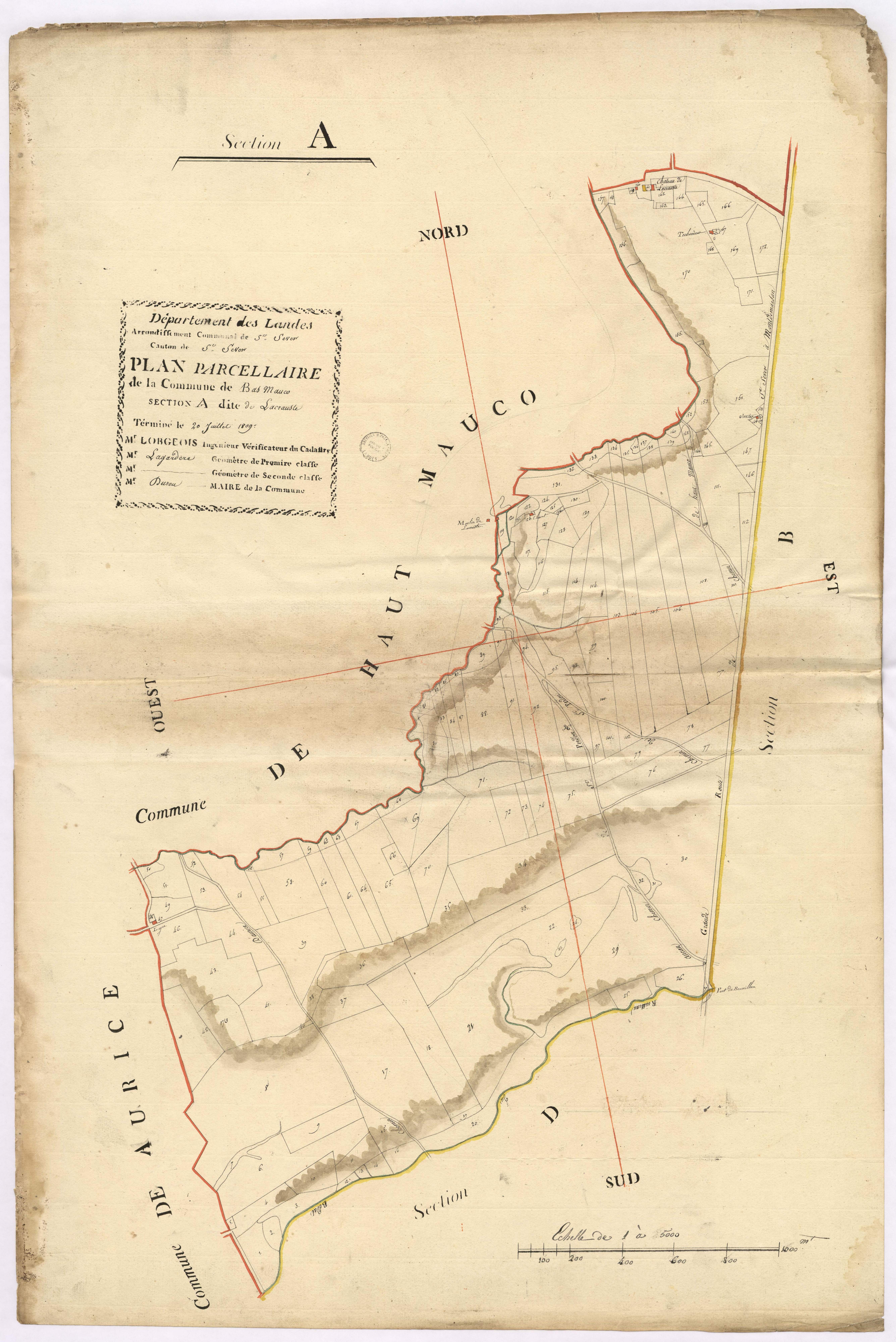 Bas-Mauco - Plan parcellaire de la section A, dite de Lacrauste, par Lobgeois et Lagardère, géomètres