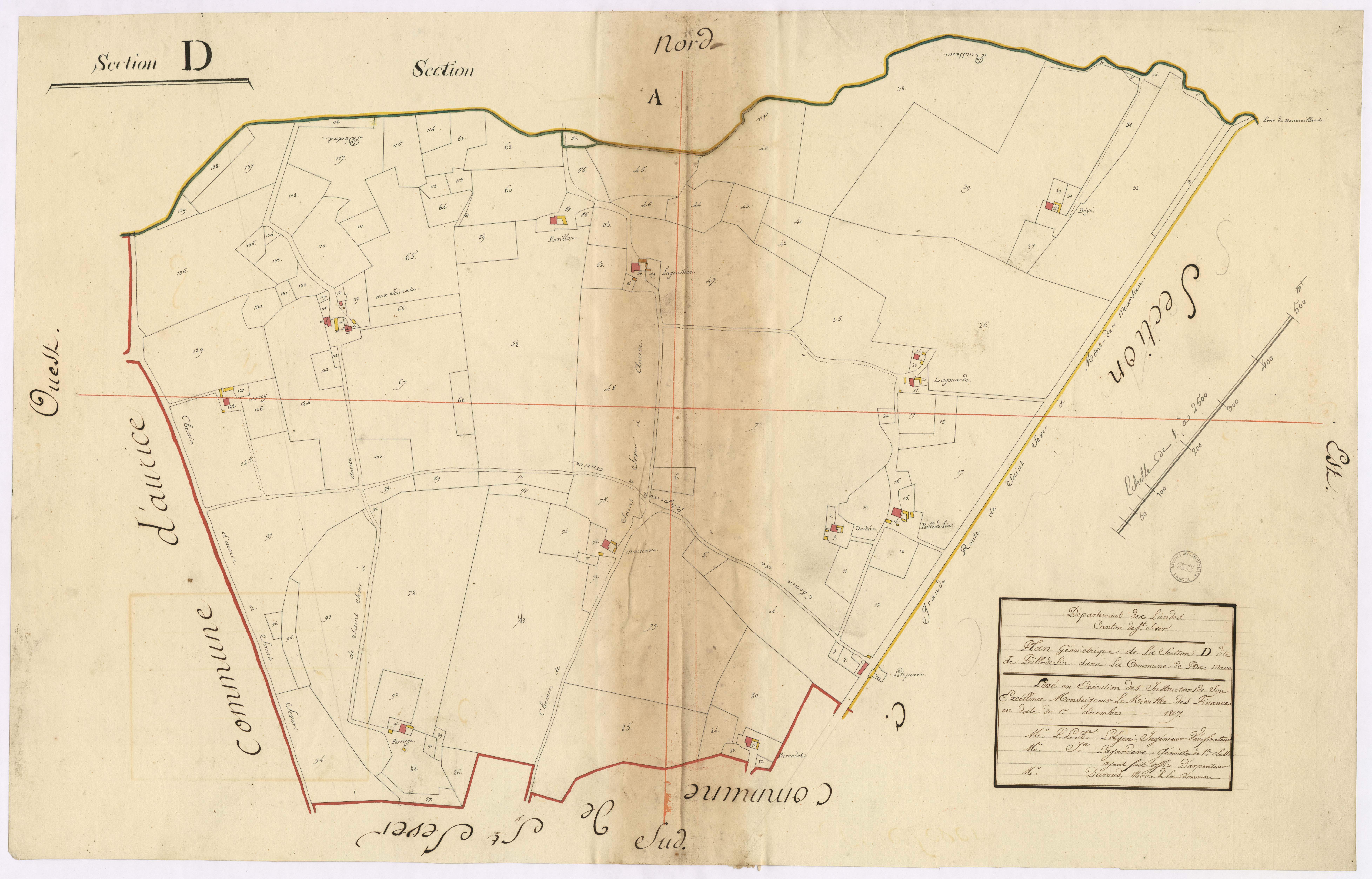 Bas-Mauco - Plan géométrique de la section D, dite de Peille de lin, par Lobgeois et Lagardère, géomètres